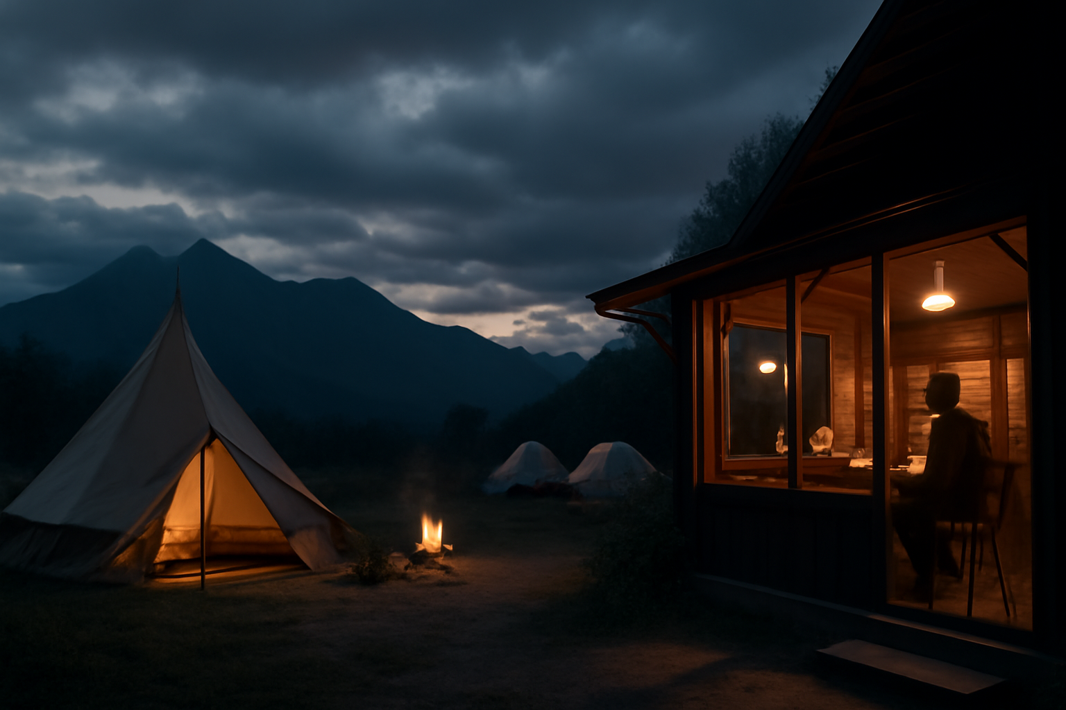 フォークウッドで天候悪化時は無理せずカフェへ避難するシーン。八ヶ岳の夕暮れ、雲が広がるなかで落ち着いて休む様子を表現。