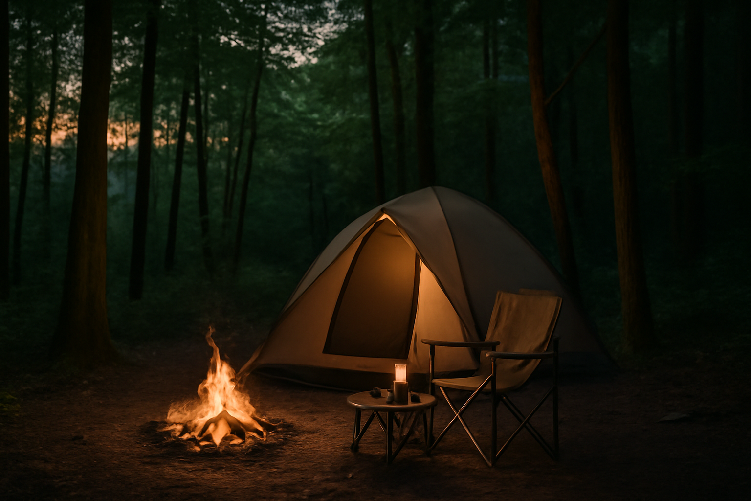 MAECAMP の提案を背中押しに、夕暮れの森で無理せず始める小さなキャンプ。涼しい時間帯に軽やかに楽しむ姿を描写。