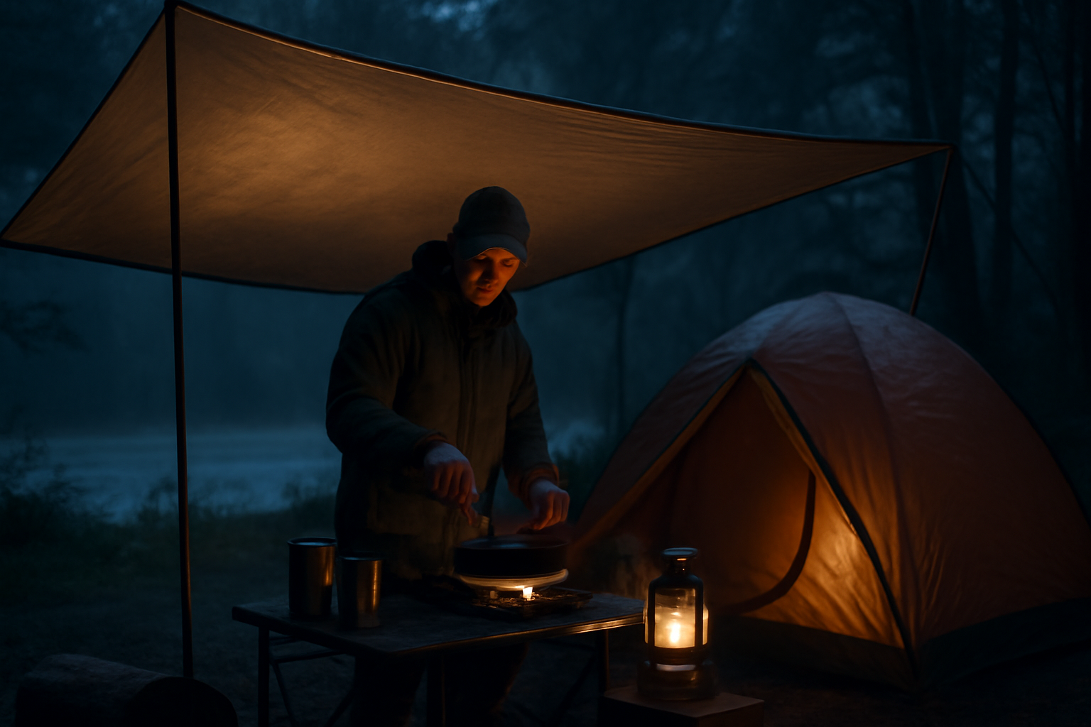 チャックキッチン をタープ下で使い、夕暮れの小雨でも安全に調理する様子。撤退や代替メニューも想定した落ち着いた場面。