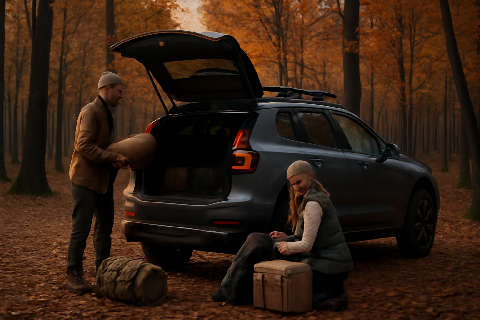 EX30 EX30クロスカントリーでの出発準備を夕暮れの森で行う様子、荷物を整えて出発する光景