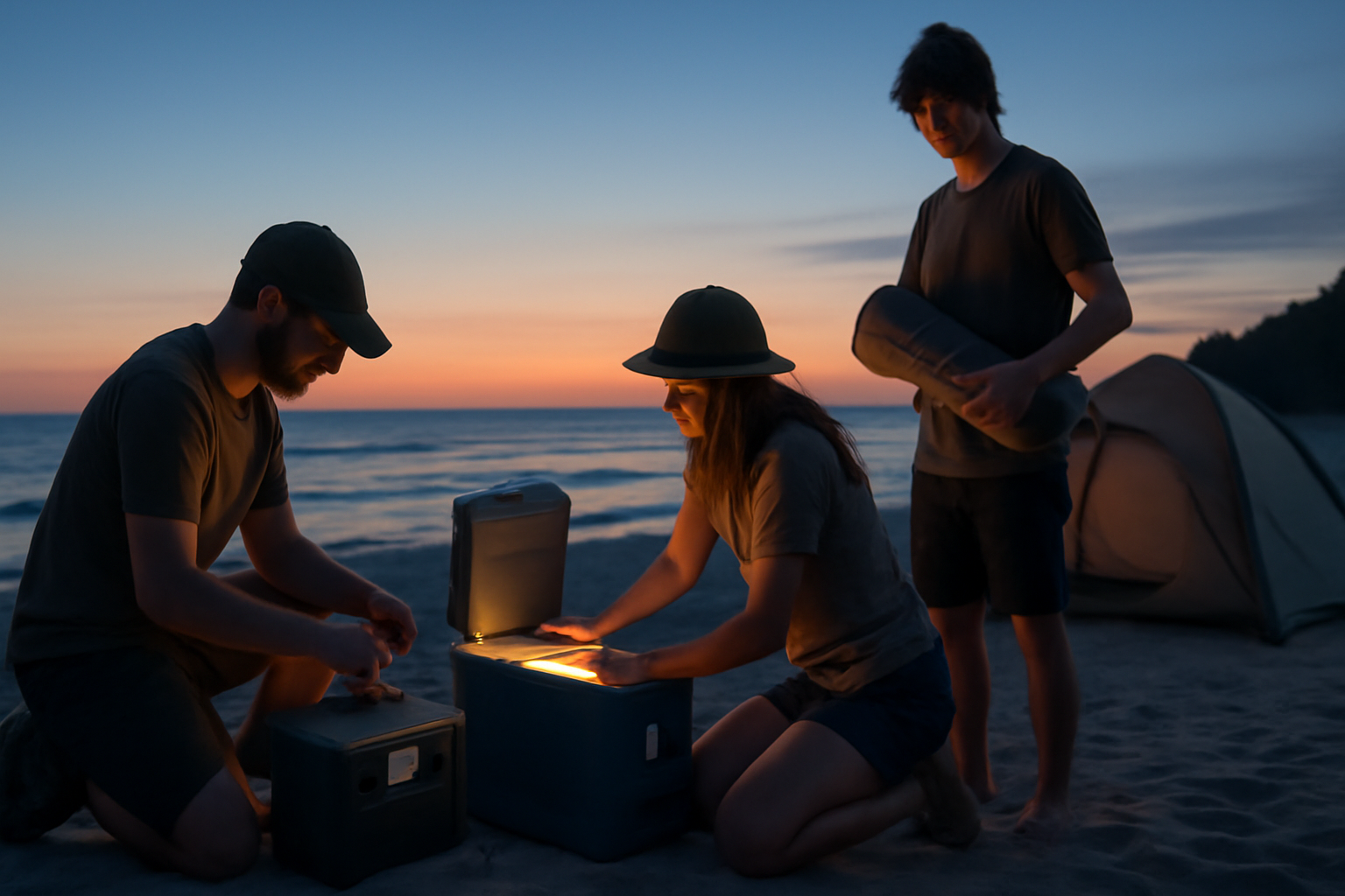 クーラー 撤収前に備えてポータブル電源の充電や保冷確認をする場面。翌日の行動に備える優しい準備風景を表現。