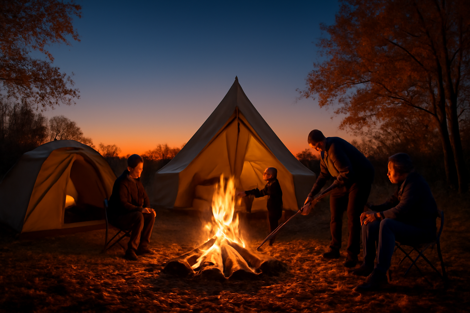 ロゴスウィーク攻略法:秋の夕暮れ、キャンプサイトで焚き火を囲み次の準備へと進むナチュラルな雰囲気の写真です