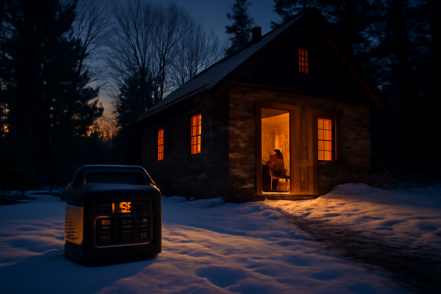 ジャクリAirを室内やコテージの近くで使うイメージ、冬の夕暮れに安全に切替える行動を促す視覚化