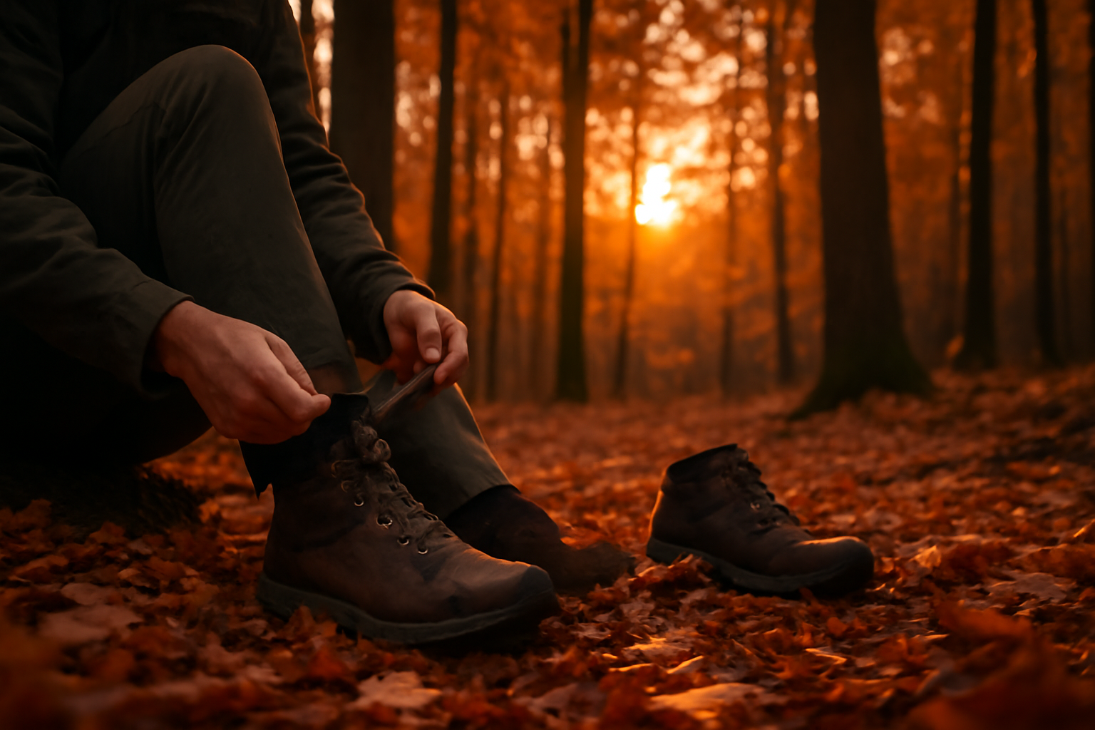 トレッキングシューズの試着シーン、秋の夕暮れの森でフィット感を確かめる横長写真