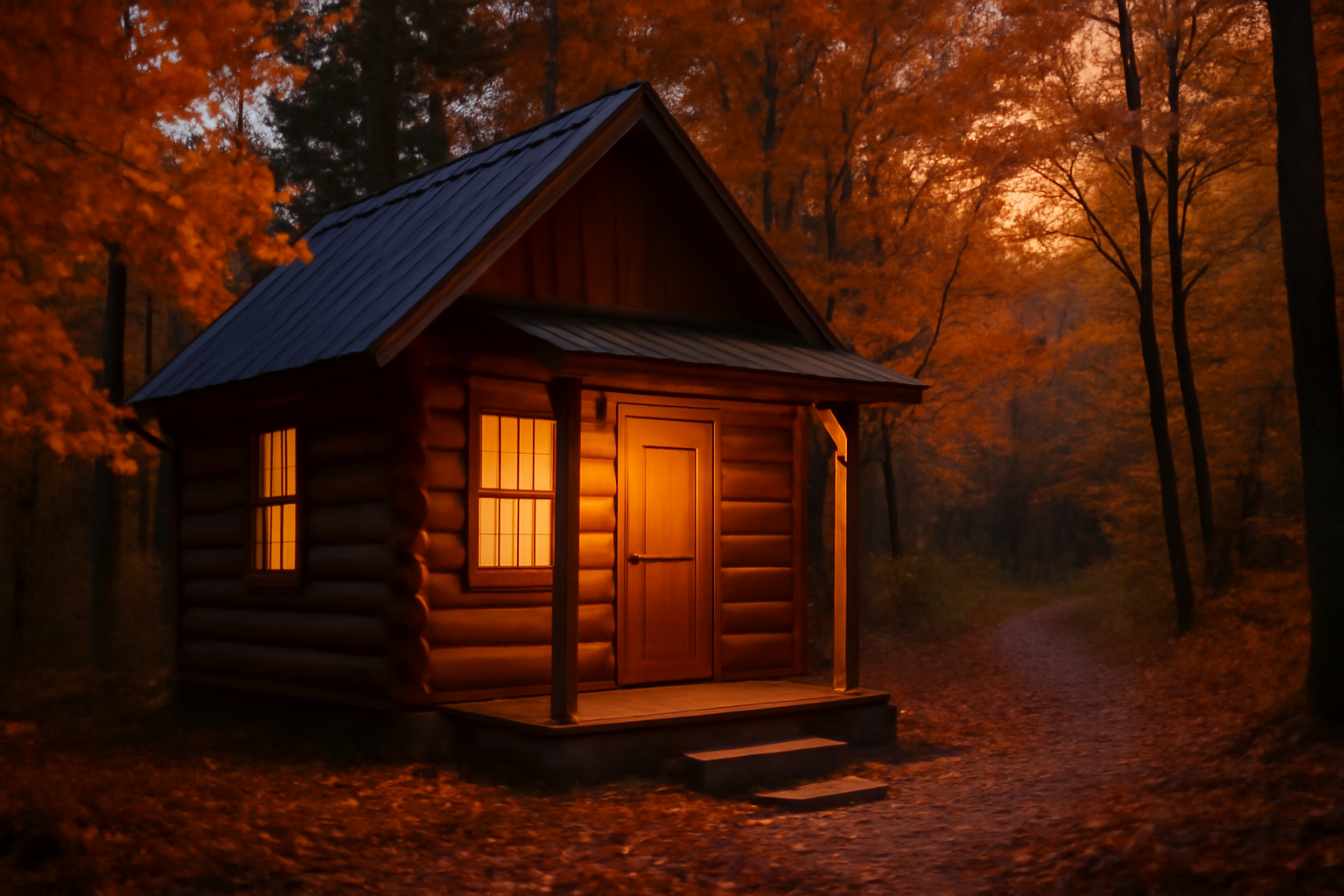キャンプ初心者が次の行動に踏み出すための夕暮れの小さなキャビン、秋の穏やかな雰囲気を示す写真