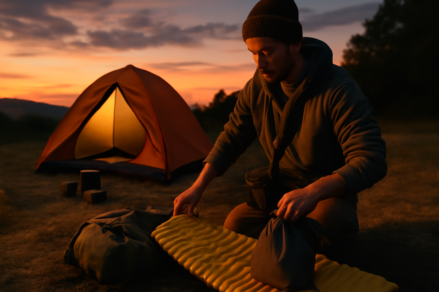 マルチストラップ:夕暮れのキャンプで次の行動を促す場面、片付ける手元と肩掛けの小物を広角で捉えた写真