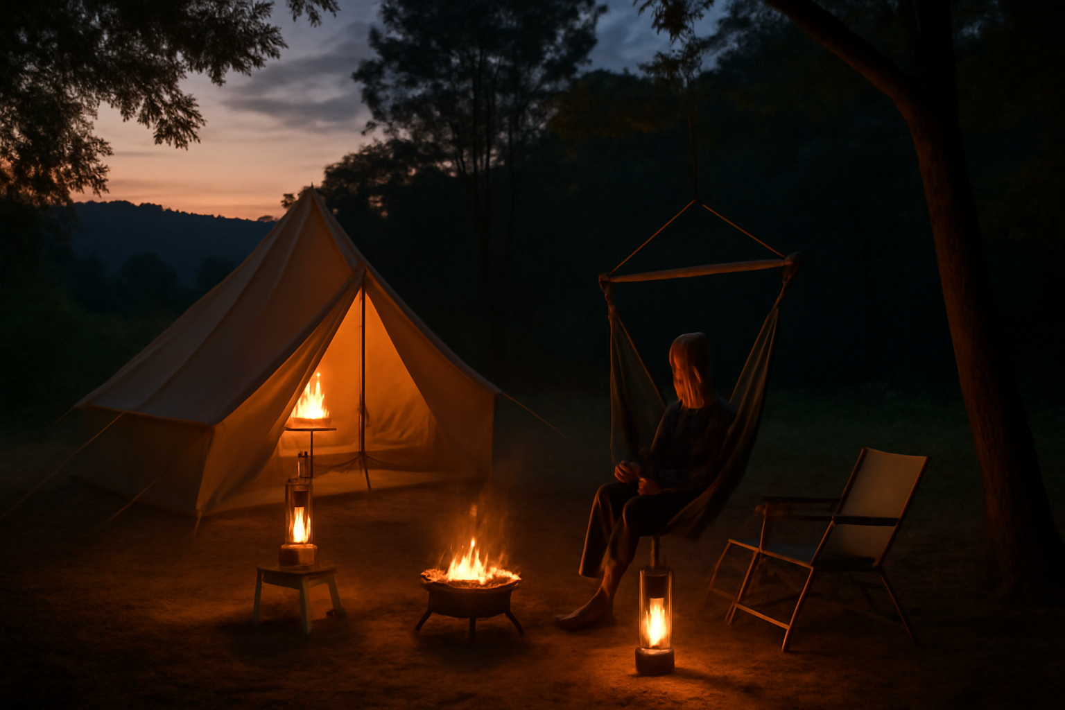 ハンモックチェアで休む初心者へ優しいメッセージを示す夕暮れのキャンプ場、温かなランタン光に包まれた情景