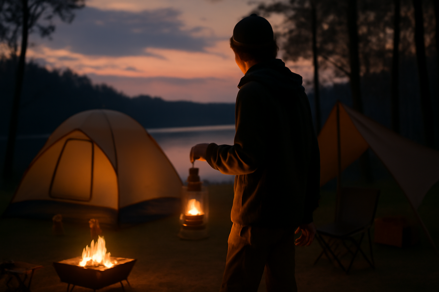 OKIBIランタンを手にするキャンパーが夕暮れのサイトで次の準備に向かう情景を示す写真