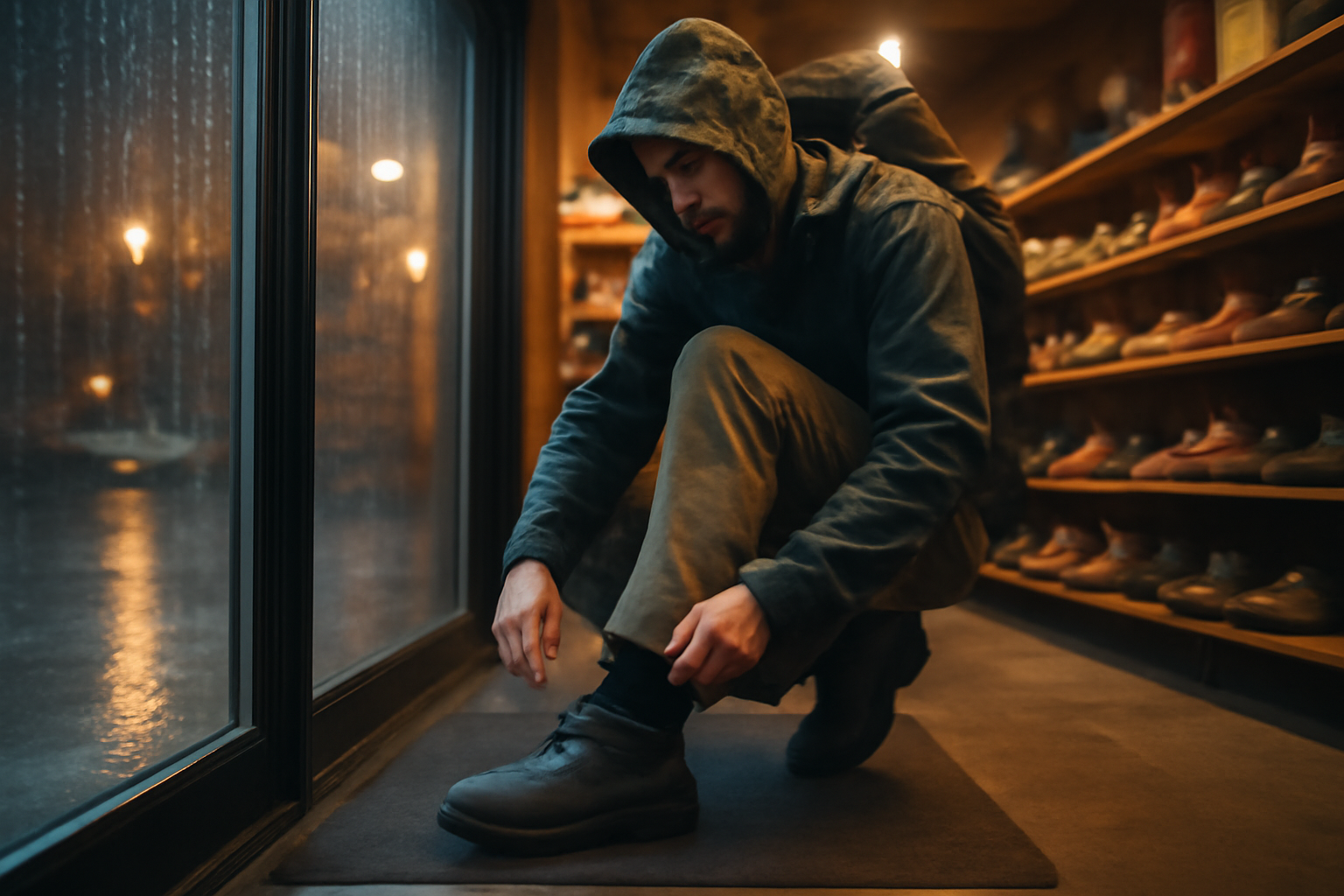 トレッドモックECOを試し履きするシーン、夕方の小雨と店内の暖色照明で決断する様子を写した横長写真