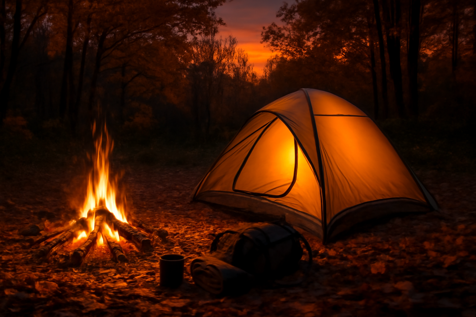 野宿キャンプの実践を促す写真。野宿キャンプで焚き火を囲み、ギアと寝床をコンパクトにまとめた夕刻の風景。