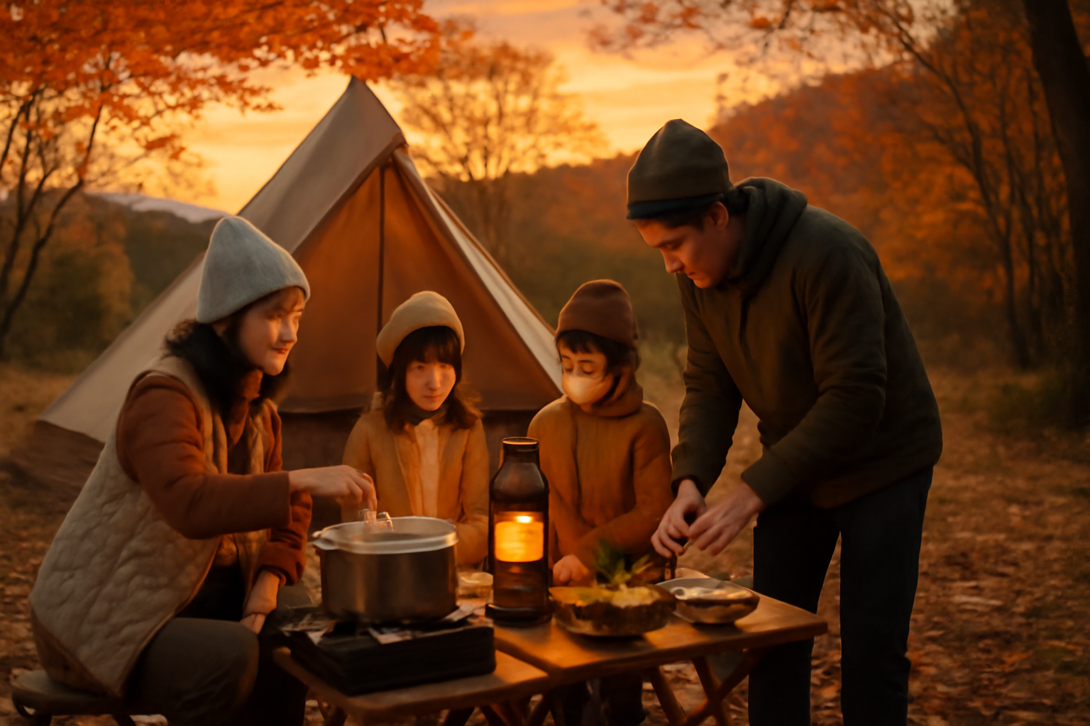 米粉麺の商品イメージを想起させる夕暮れのキャンプ風景。家族が調理する様子を広角で表現しています。