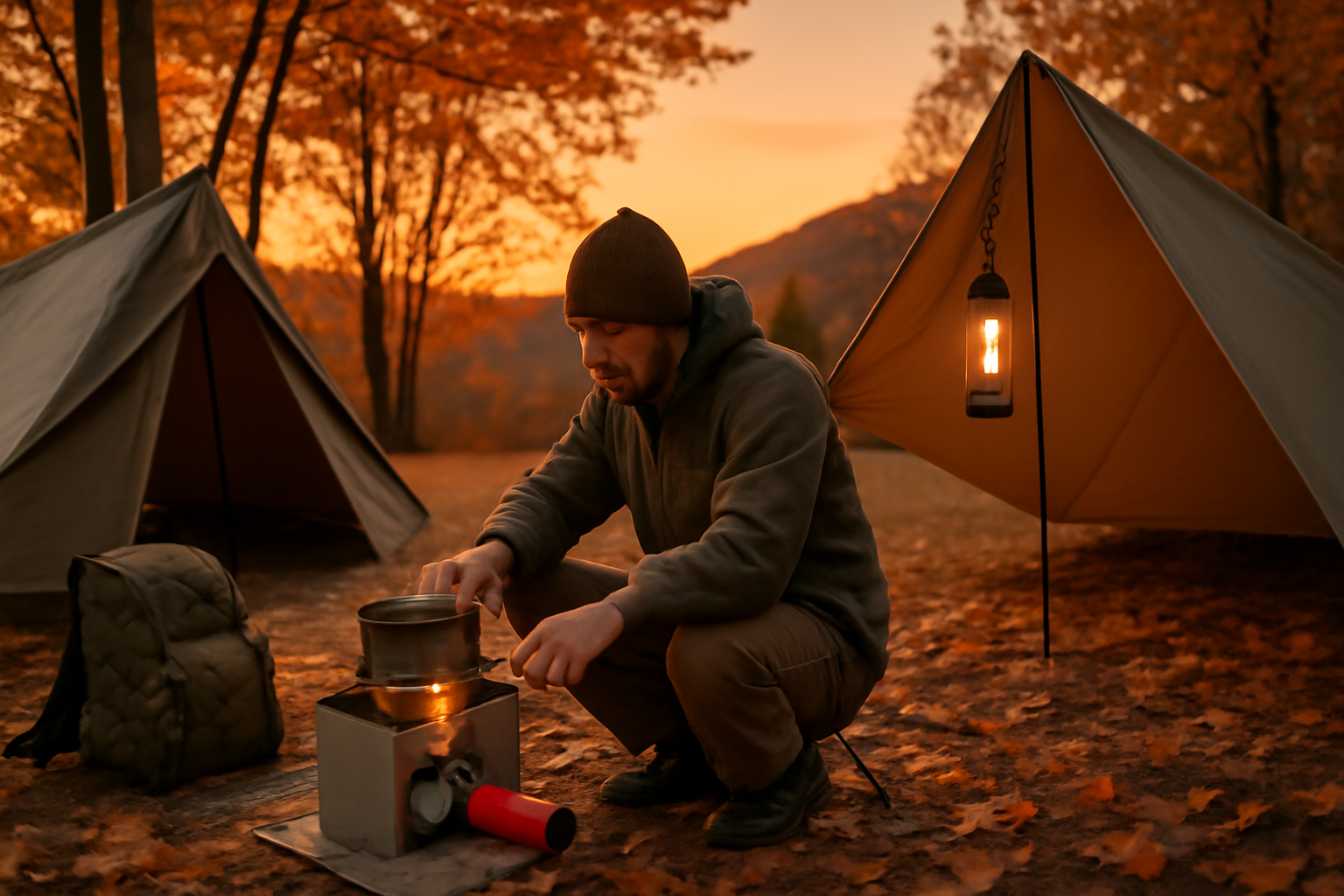 CB缶で安全に調理するための準備をする様子。装備を整え、風防を使って落ち着いた夕暮れの場面。