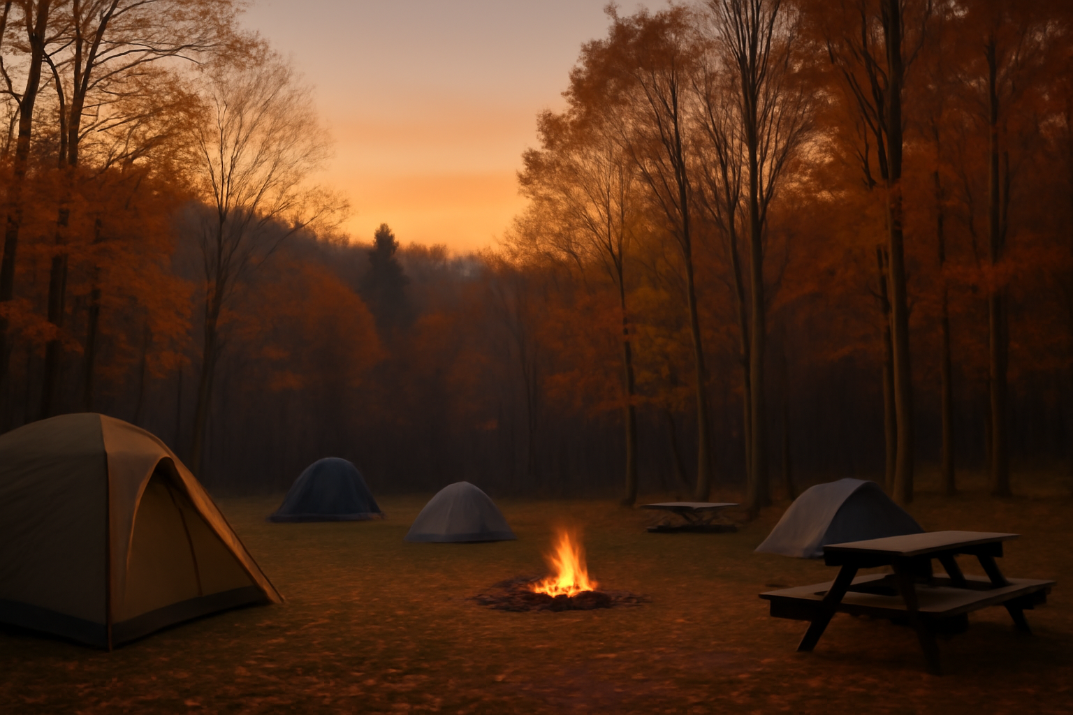 判官館森林公園の閉鎖後を想像する夕方のキャンプ場風景。次の行動を促すイメージです。