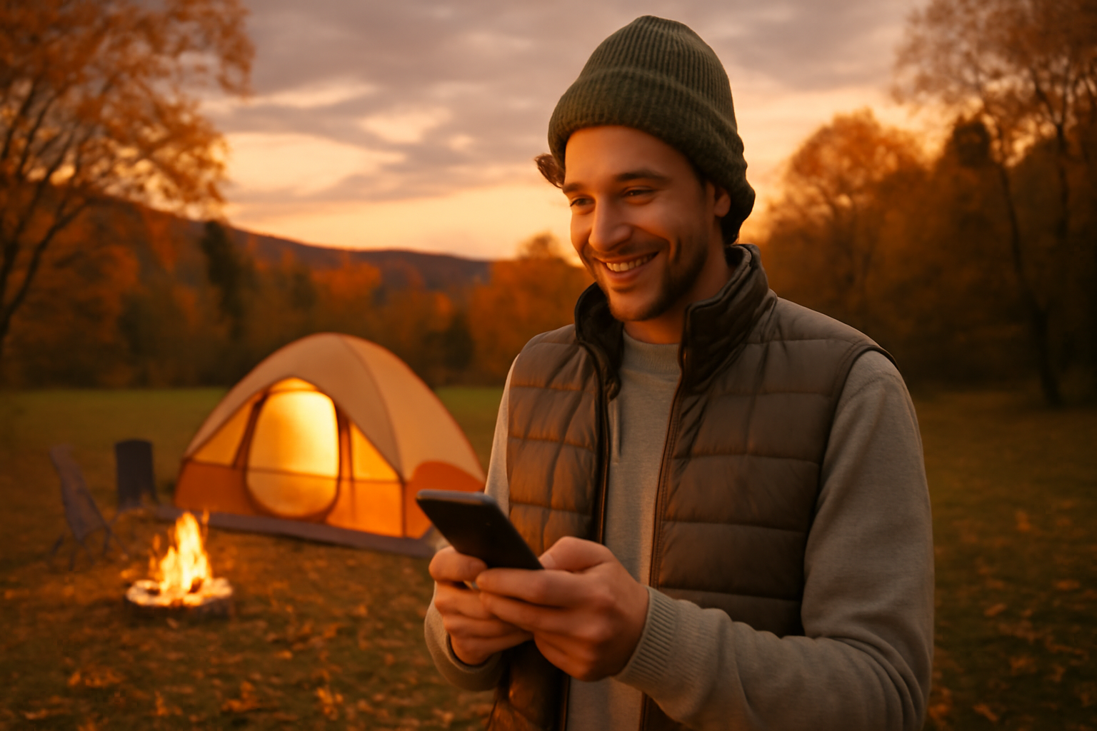 ジオランダー 予約を確認するキャンパーが夕暮れのキャンプサイトで笑顔、秋の曇り空と暖かな光、ワイドビュー
