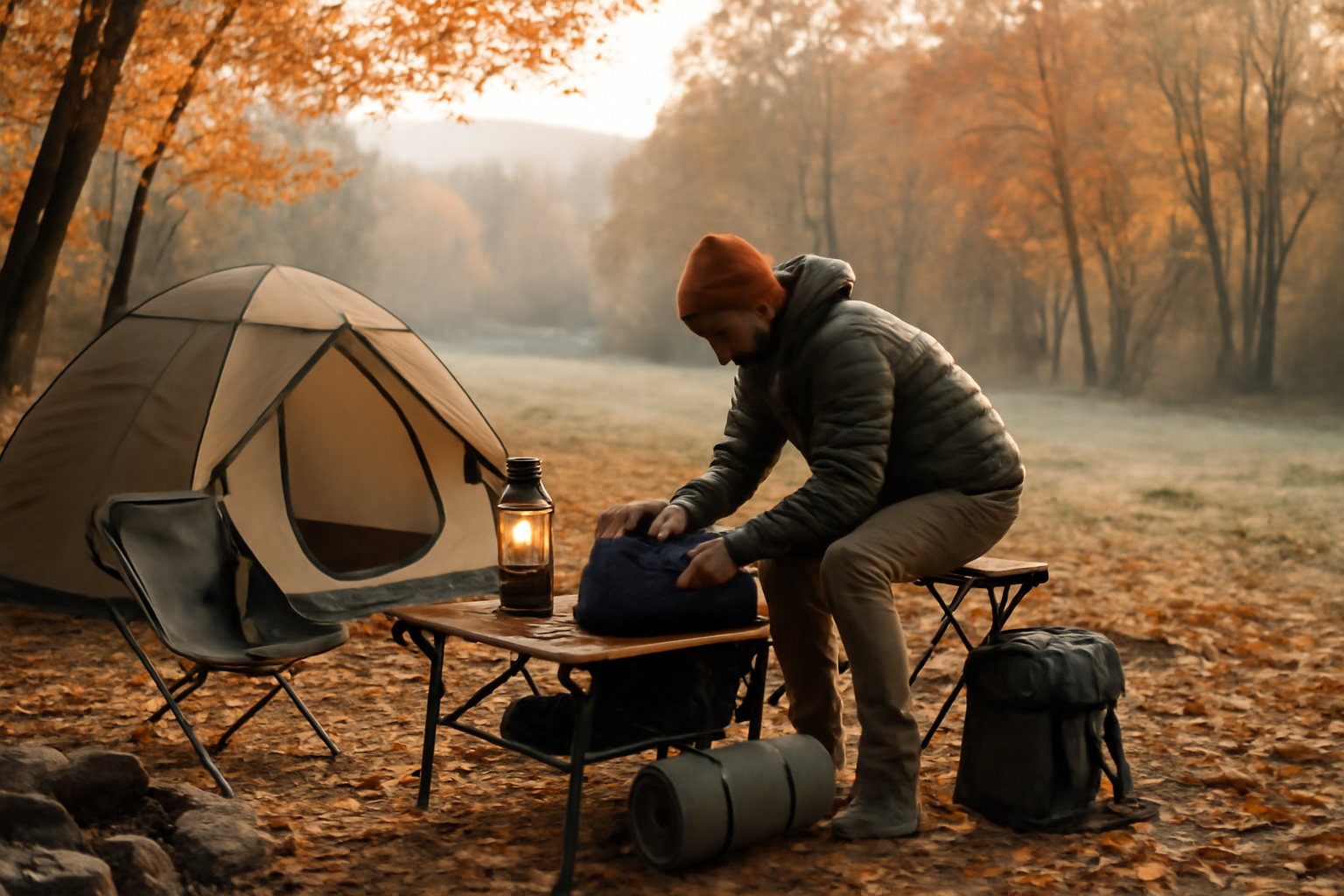 OKIBIランタンを試した後に次の予約を促す風景。秋の朝のキャンプ場で準備をする様子を広角で穏やかな光で描写した写真です。