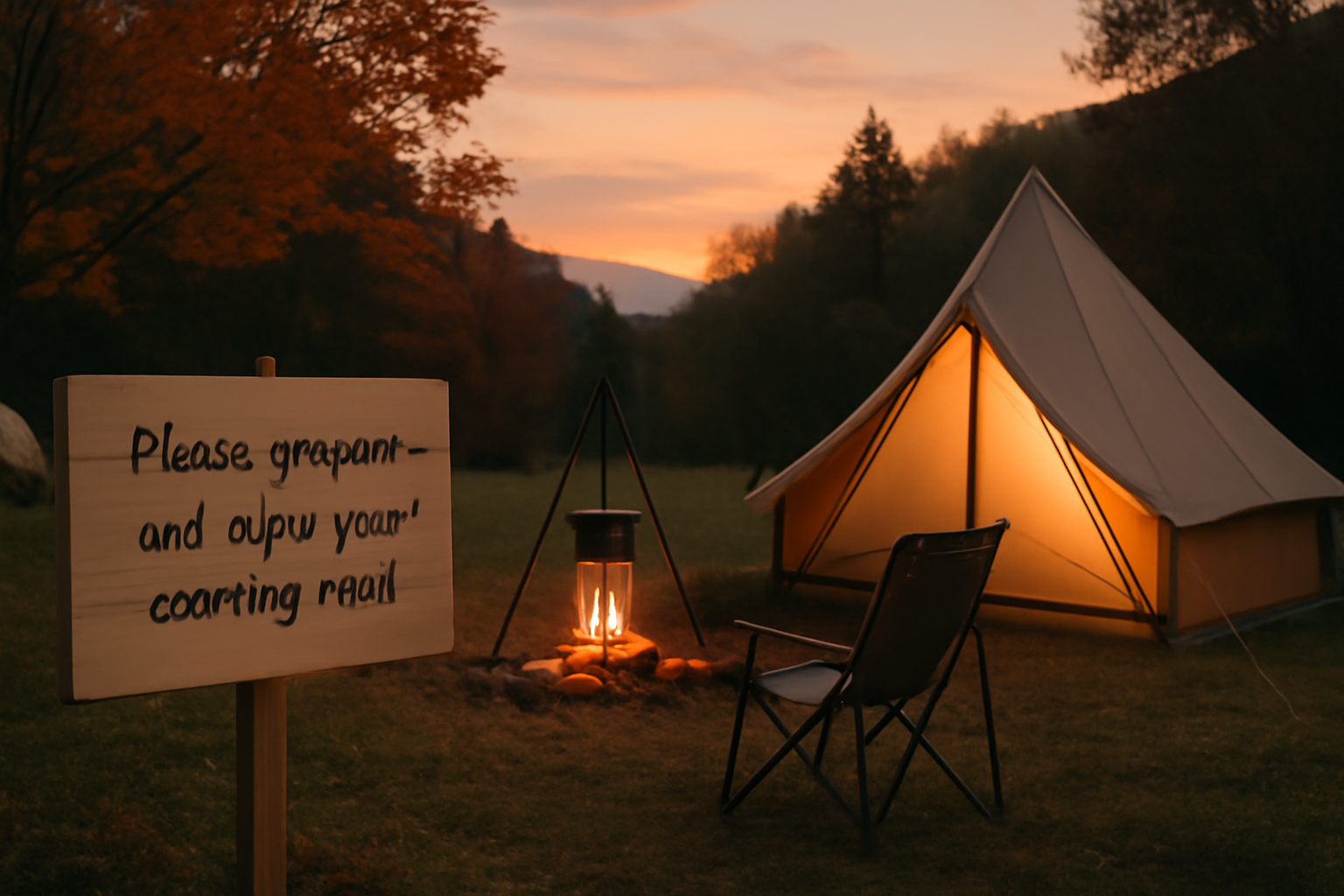 東白川村クローチェでの次の行動を促す優しい案内文を想起させる夕暮れのキャンプ風景