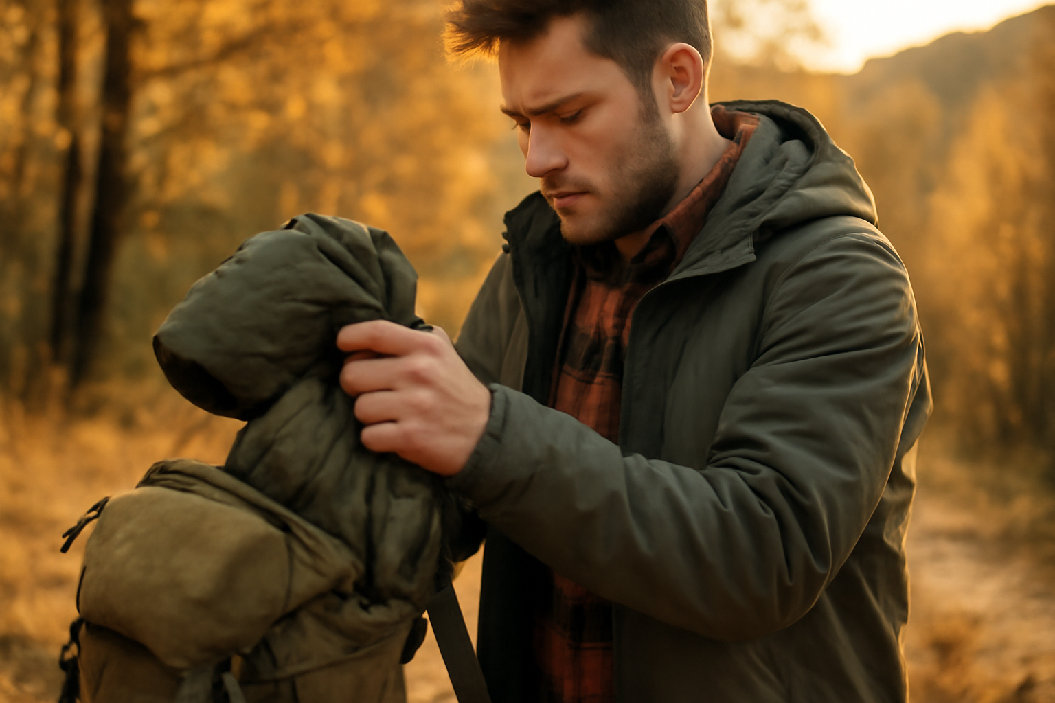 コロンビアJKを試着してパッキングするキャンパー、秋の日差しで装備を整える準備の様子