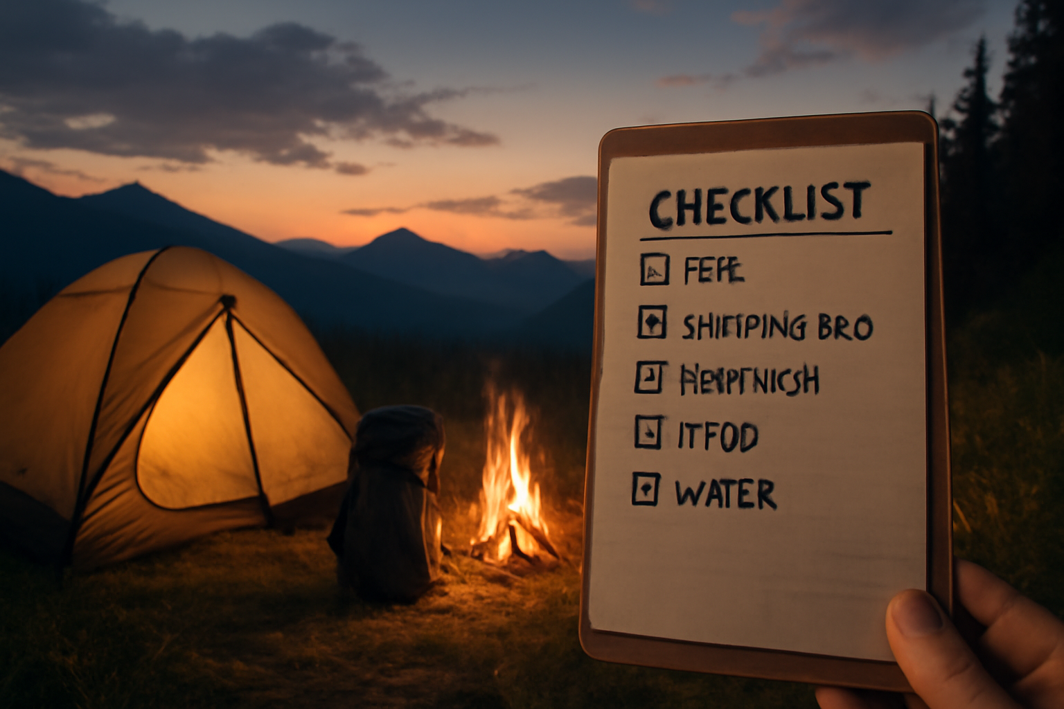 雲谷キャンプの夕暮れと持ち物チェックリスト。次の行動を促す情景写真。