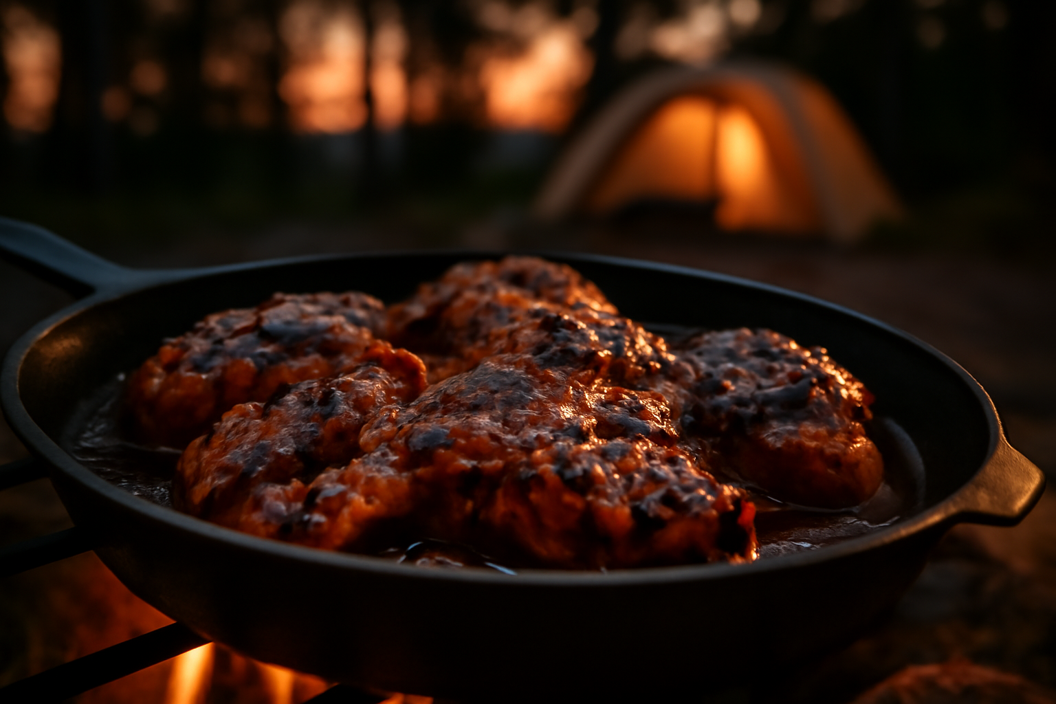 J鶏ソースで仕上げたジャークチキンを夕暮れのキャンプでスキレット越しに見るクローズアップ写真