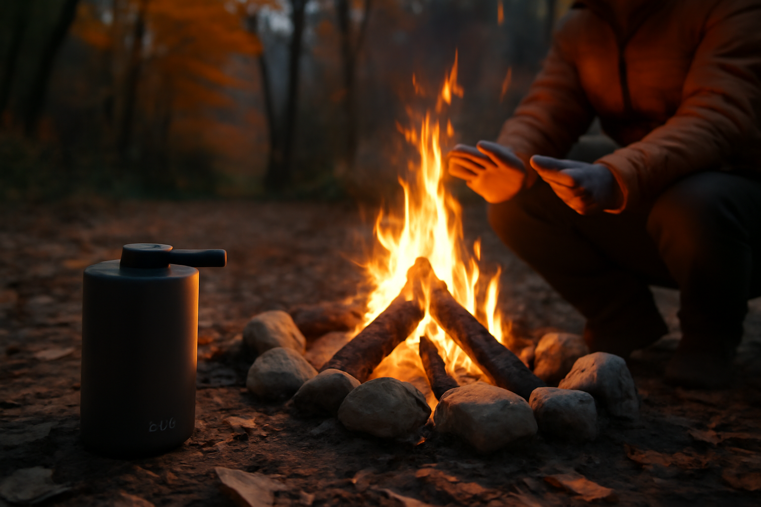 充電式 PUMP-1でバッテリー運用しながら焚き火準備をする安心のワンシーン。保温や安全配慮が感じられる構図。