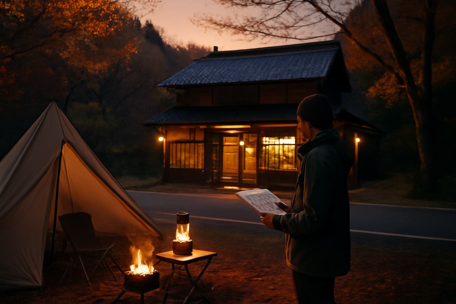 沢の鶴日本酒キャンプの次の行動を考える風景、店をチェックしている秋の夕暮れの情景を写した写真