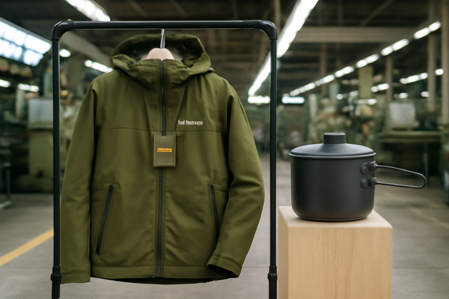 工場内で展示されたnowomouの限定カラーアウターとクッカー