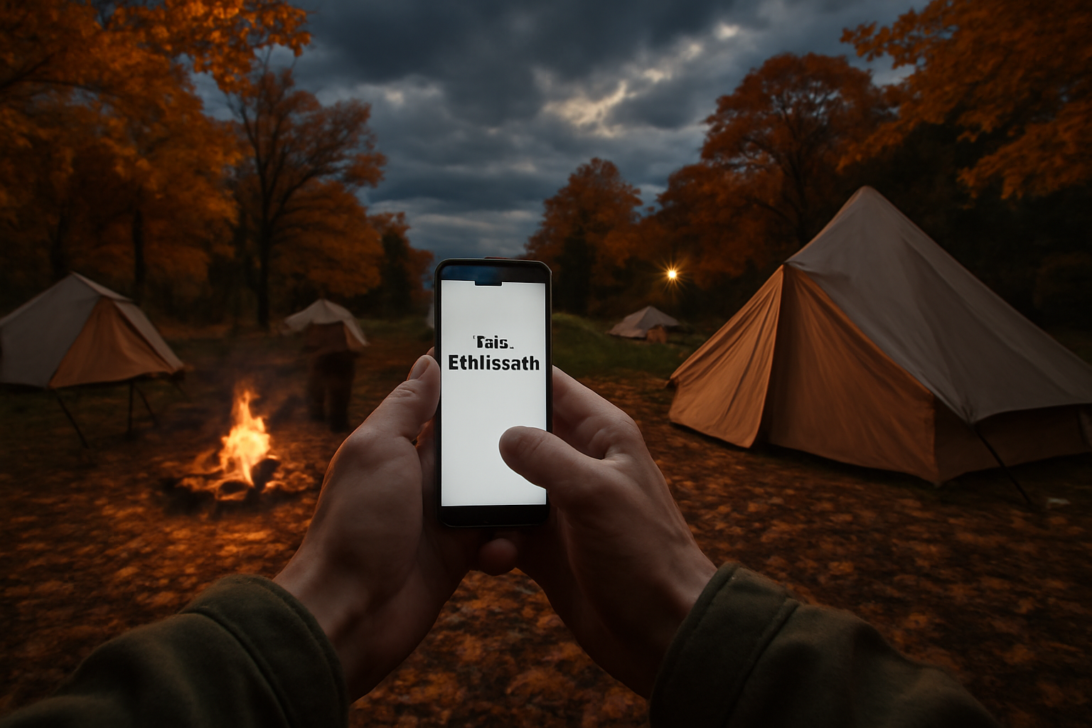 アウトドアデイ神戸出展の代替予定を確認する様子、夕暮れのキャンプ場でスマホを見る手元の広角写真