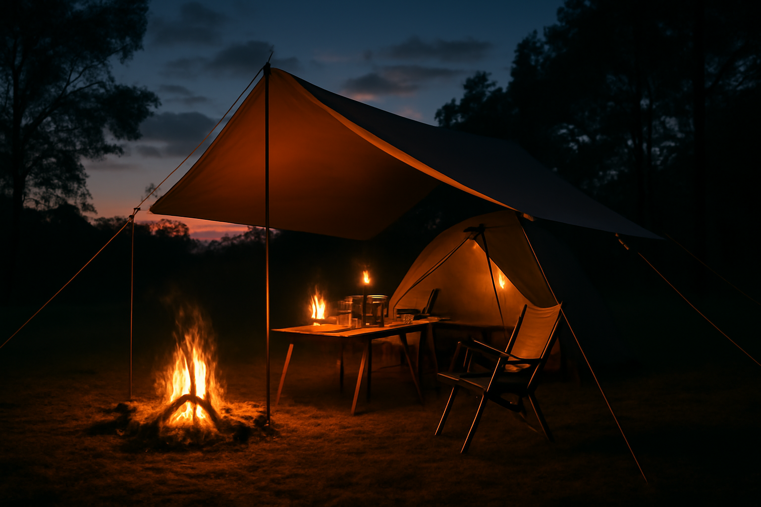 ラシュモア風を参考にした焚き火演出の次の準備イメージ。夜のタープとランタンで安全に楽しむ風景を表現する写真