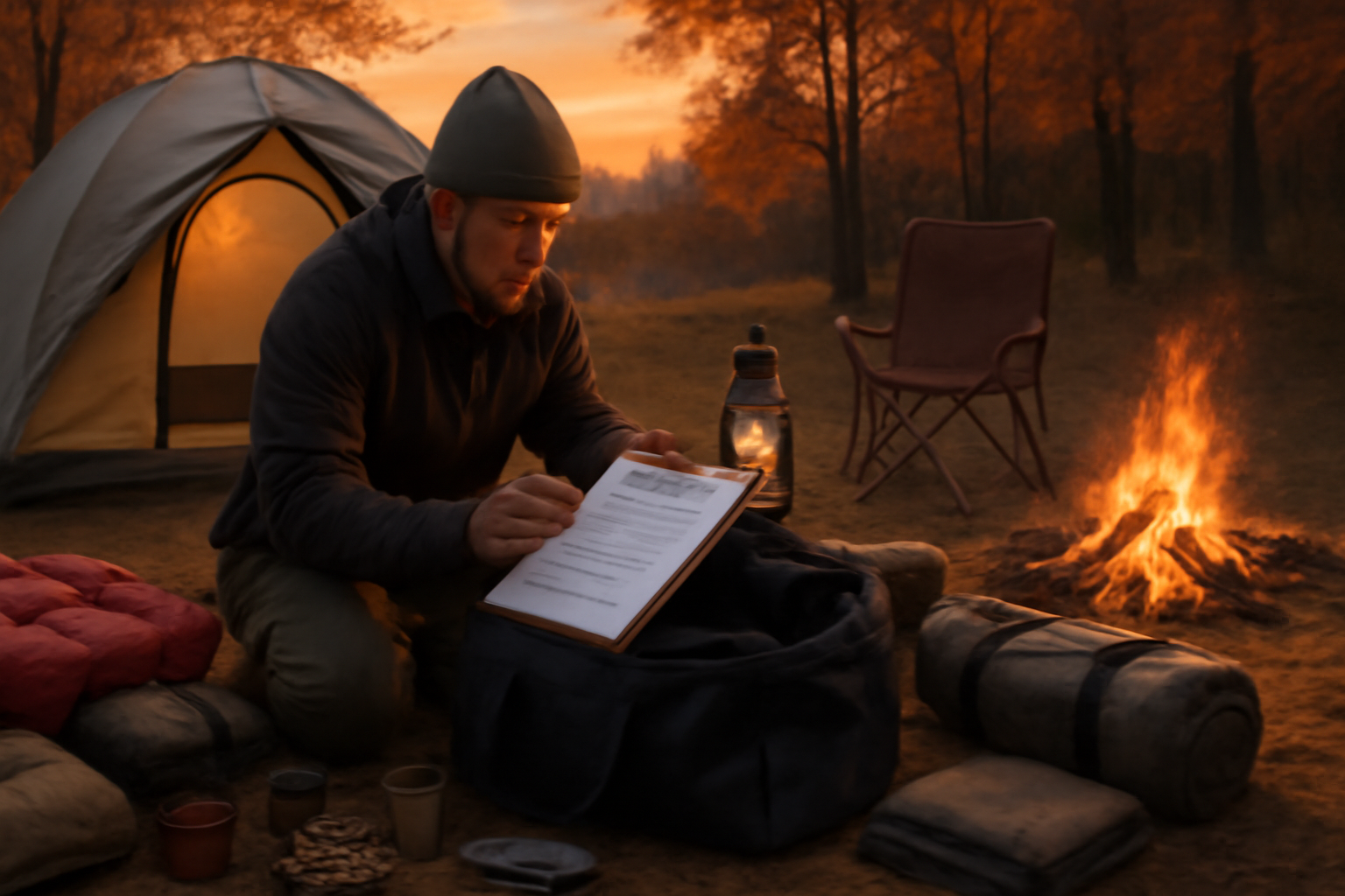 ワイドコット快眠術:実践前の持ち物チェックとパッキング風景、夕暮れのキャンプサイトで準備をする様子を広角で写した写真