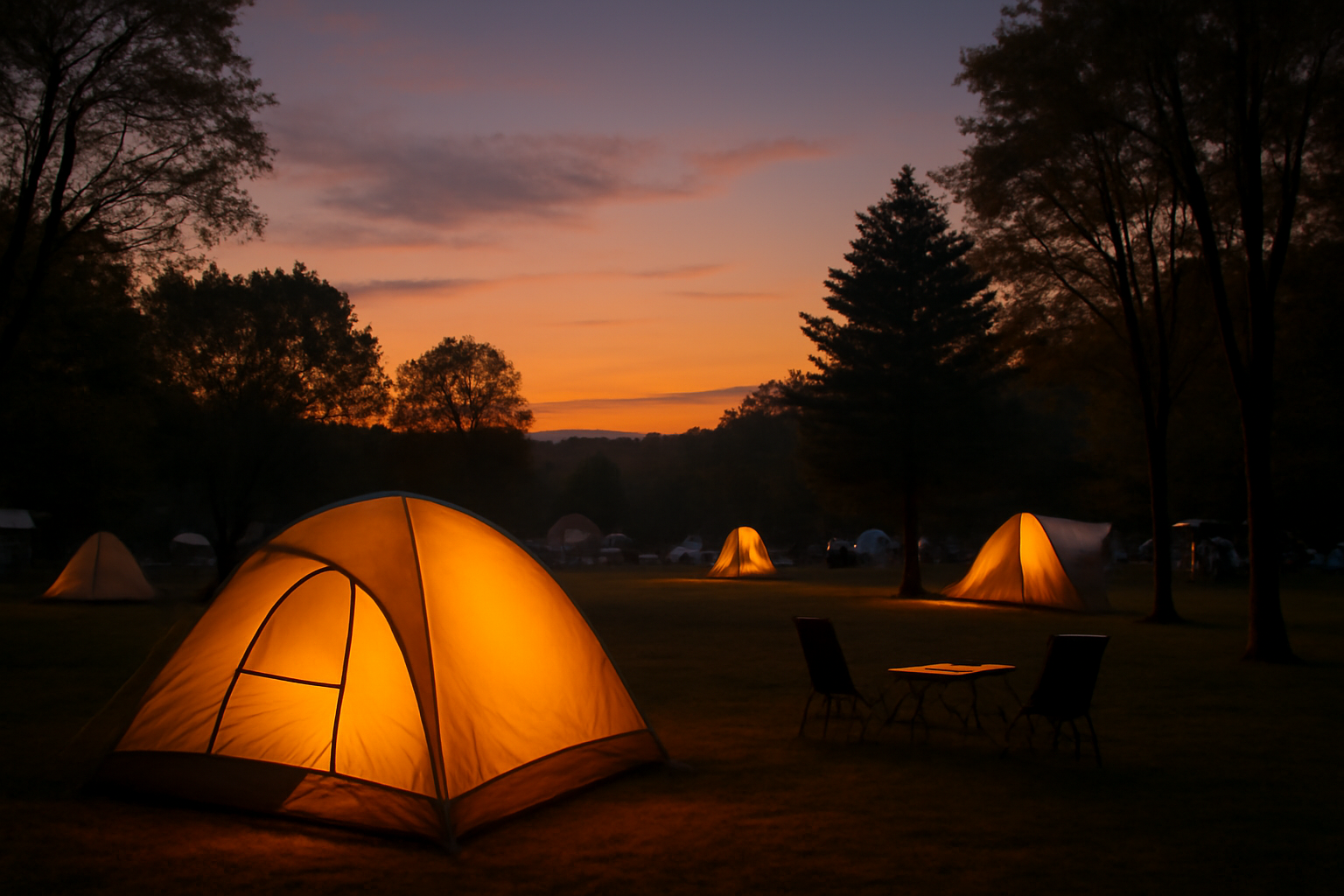 モーターキャンプ万博の会場近くで夕暮れに落ち着いているキャンプ風景を表現する画像、穏やかな秋の夕暮れとテントの灯り。