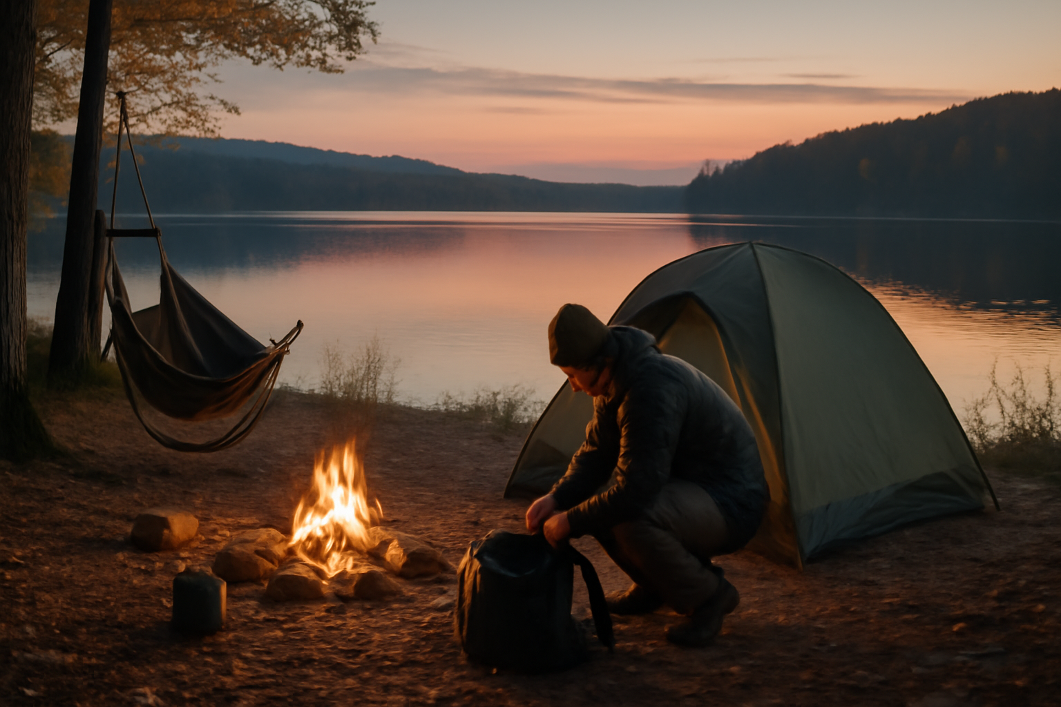 ハンモックチェア購入後の次の行動を促す場面。秋の湖畔で準備を整え、次のキャンプに出発するイメージを横構図で描写しています。