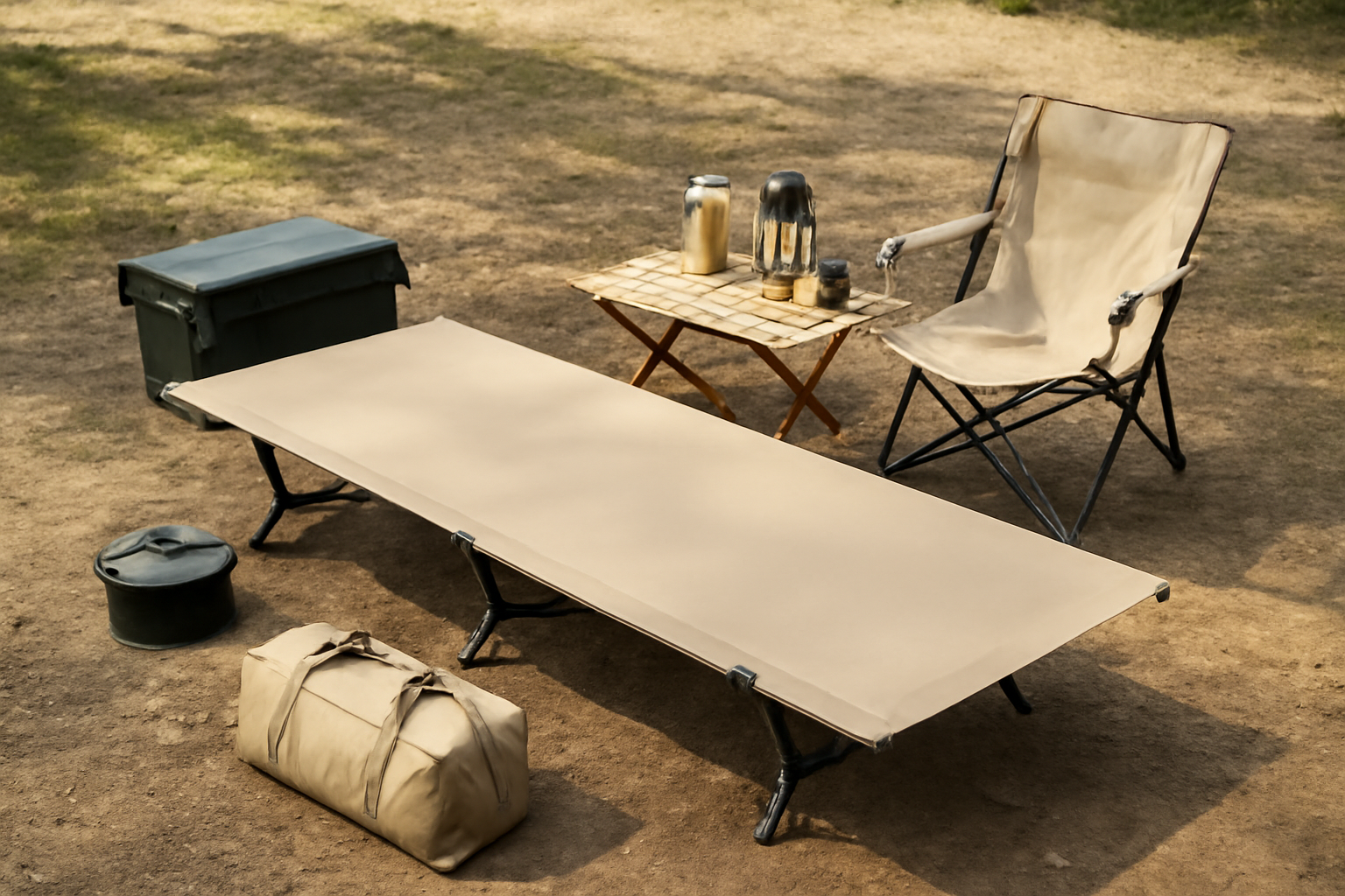 キャンプサイトでセールで買ったワイドコットとギアを並べた写真イメージ