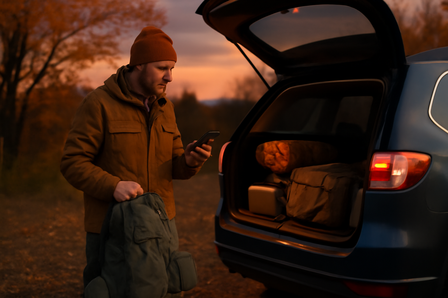 キャンプ 出発前に天候と荷物を確認する様子。夕暮れの車載準備と代替案を検討するイメージ。