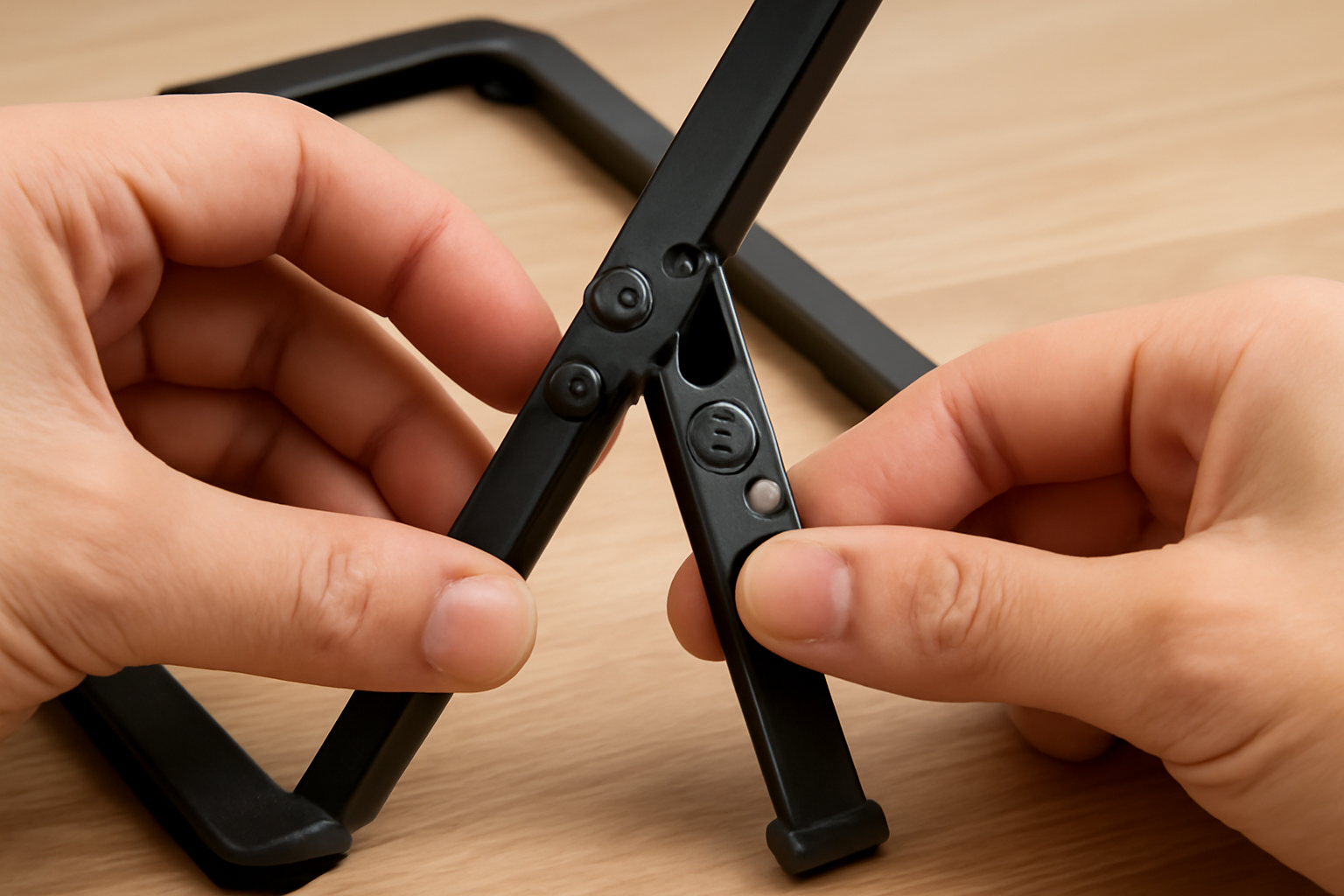 LITTABLEMINIの組み立て手順。脚を広げてロックする場面のクローズアップ。