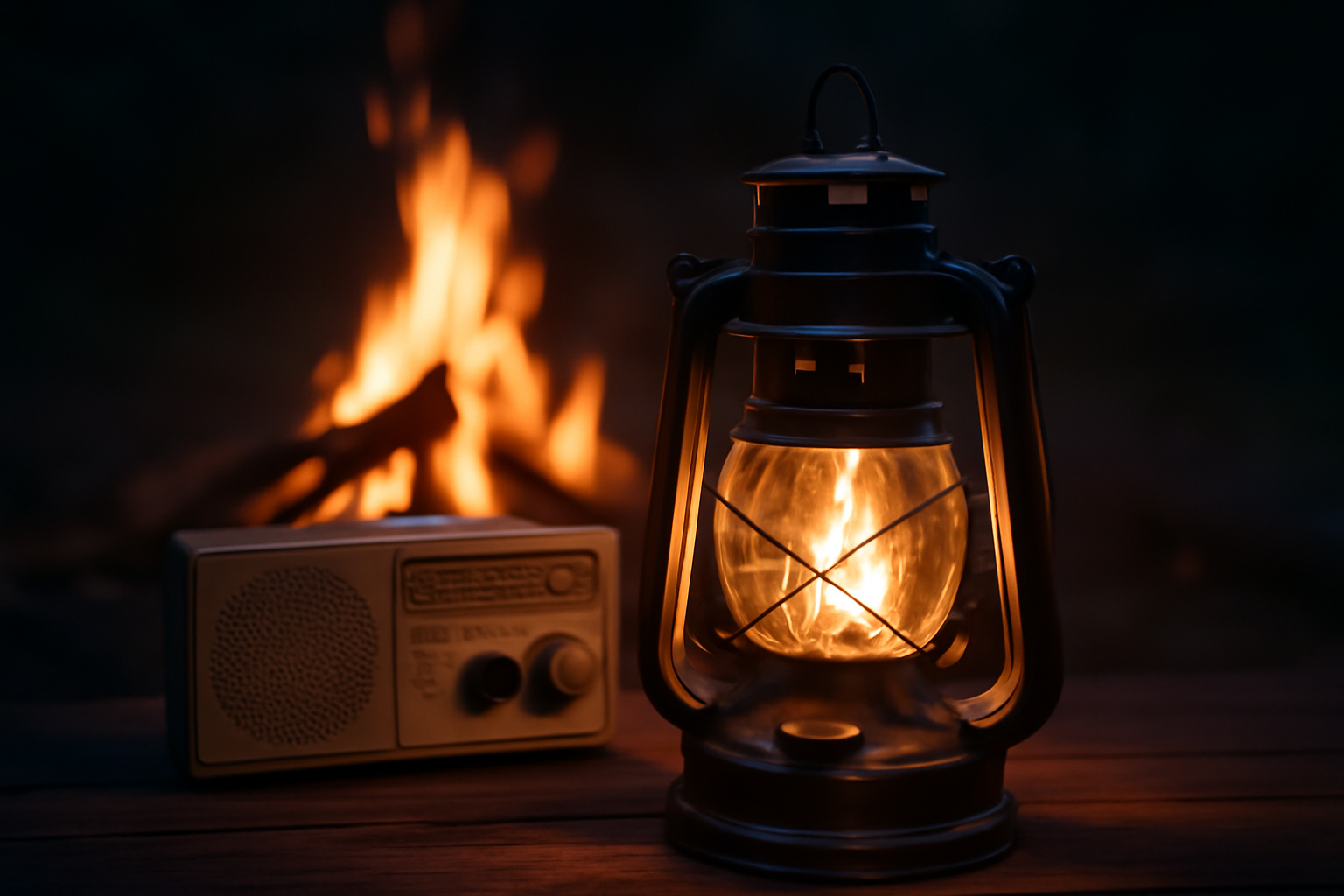 週末の晩に聴くラジオと焚き火。静かな夜に灯るランタンのクローズアップ。