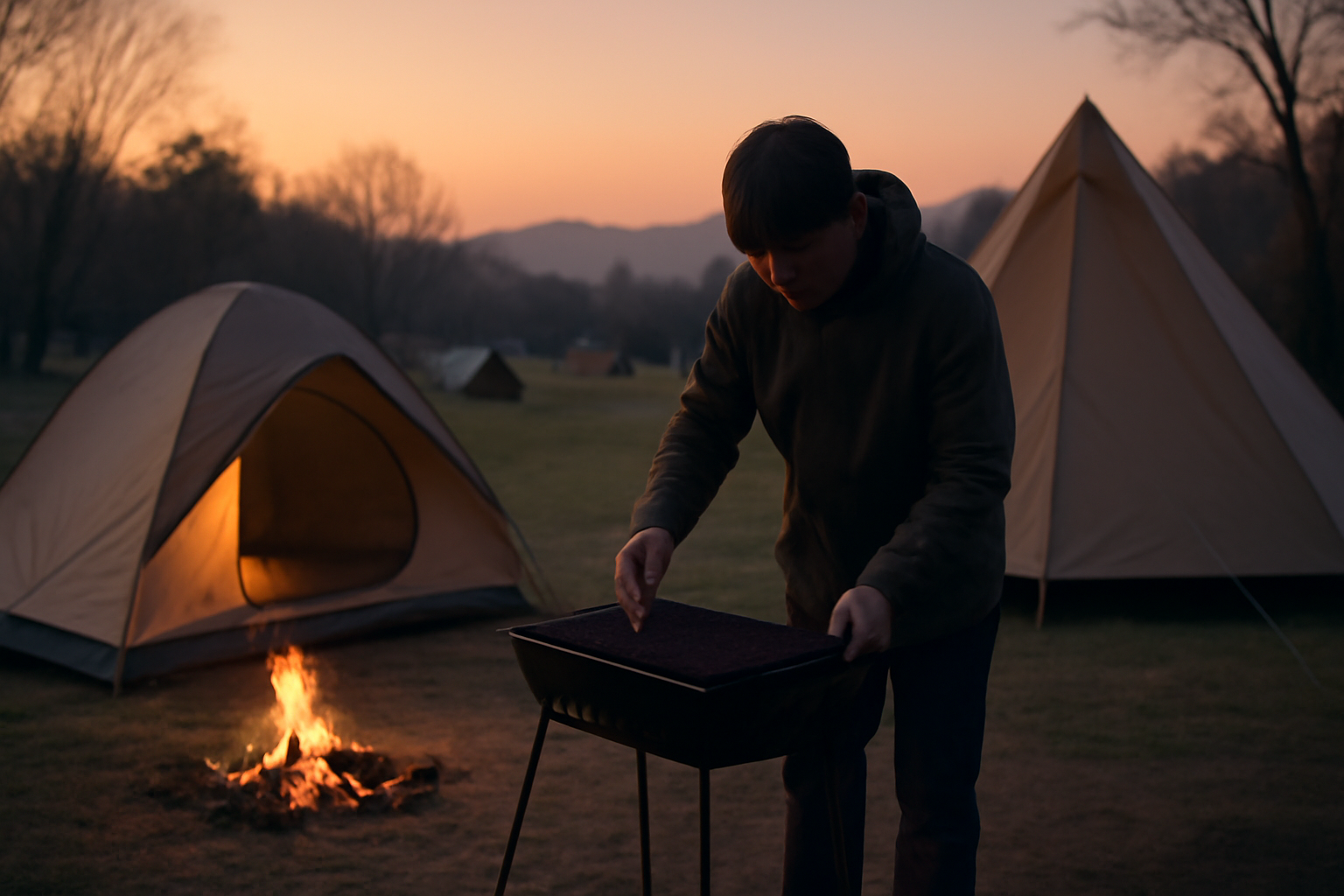 CAVEグリルの購入後に手入れと保管を促す情景、秋夕暮れのキャンプ場で安全に片付ける場面のリアルな写真