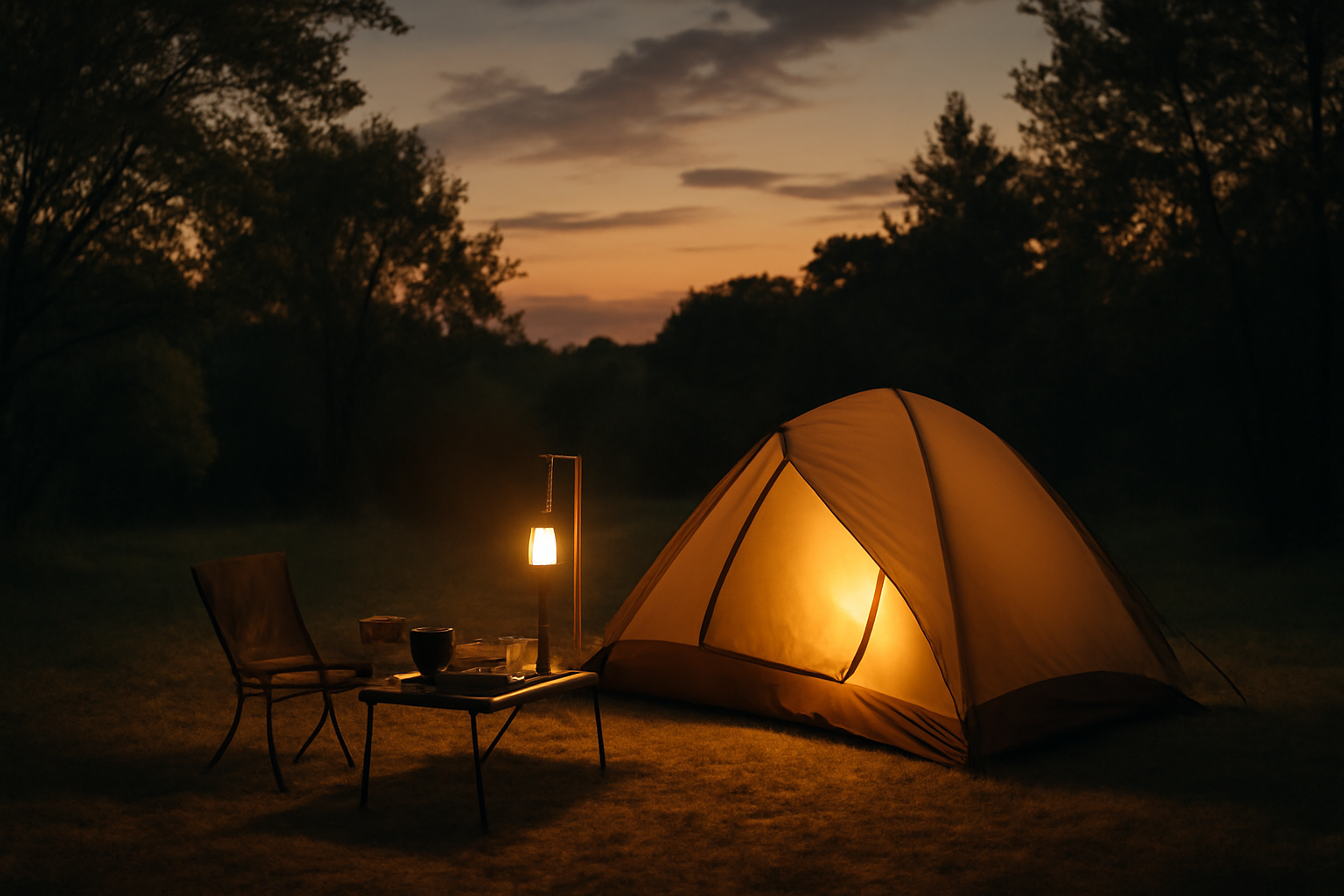 CAVEグリル:エディターノートで触れた安全対策を連想させる夕暮れのキャンプ光景を表す画像。安全で落ち着いた雰囲気を強調。