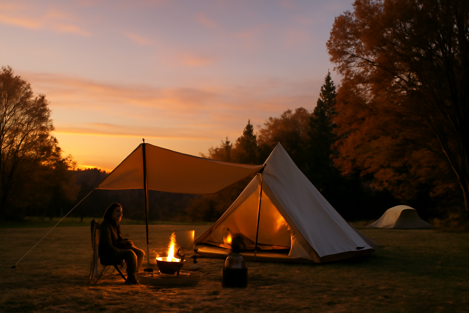 アウトドアショーで気になったギアを試す夕暮れのキャンプ場、安定感と雰囲気を伝える写真です。