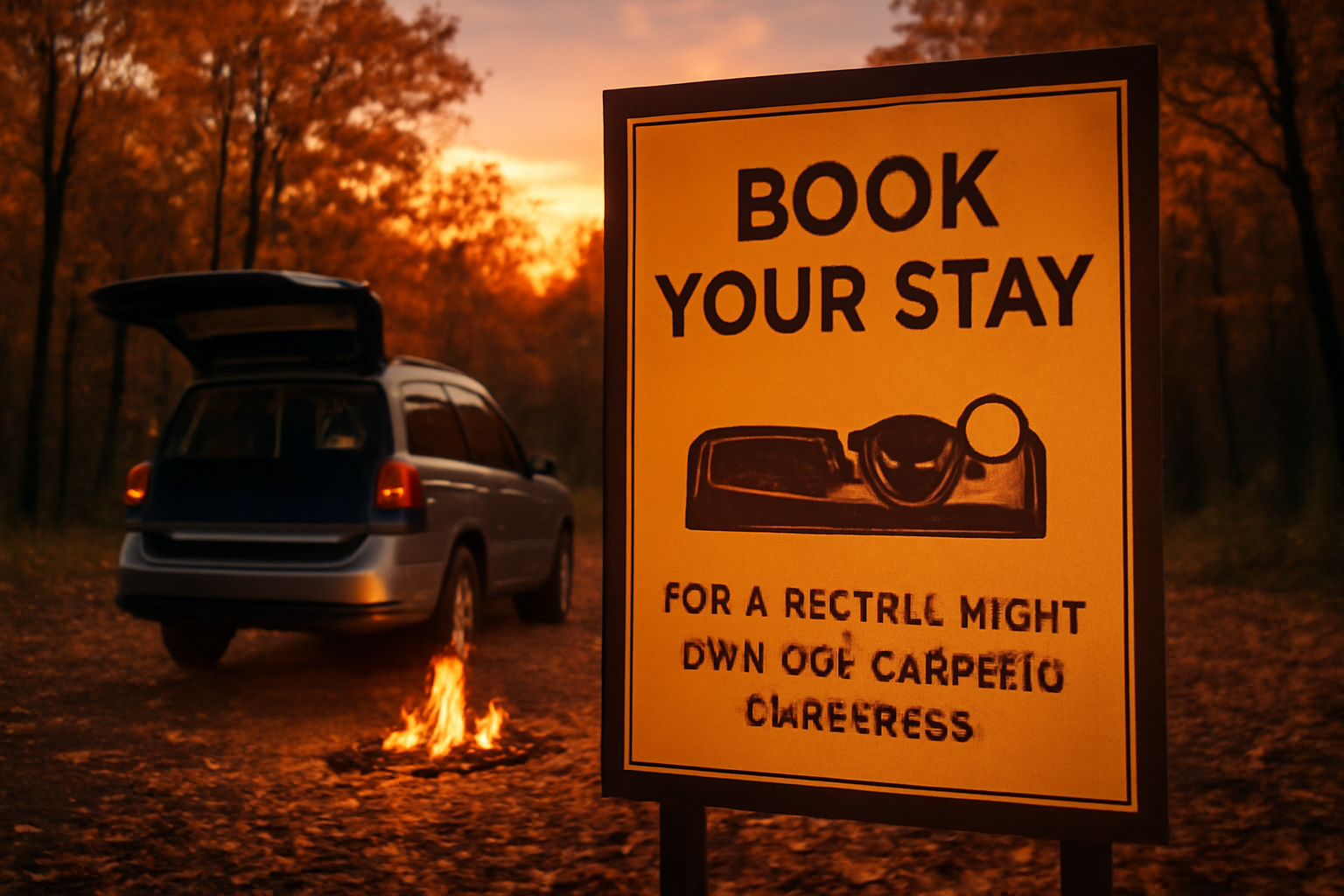 車中泊マットで快適に眠ることを促す予約の案内イメージ、秋のキャンプ場の夕暮れと案内板が写る広角写真