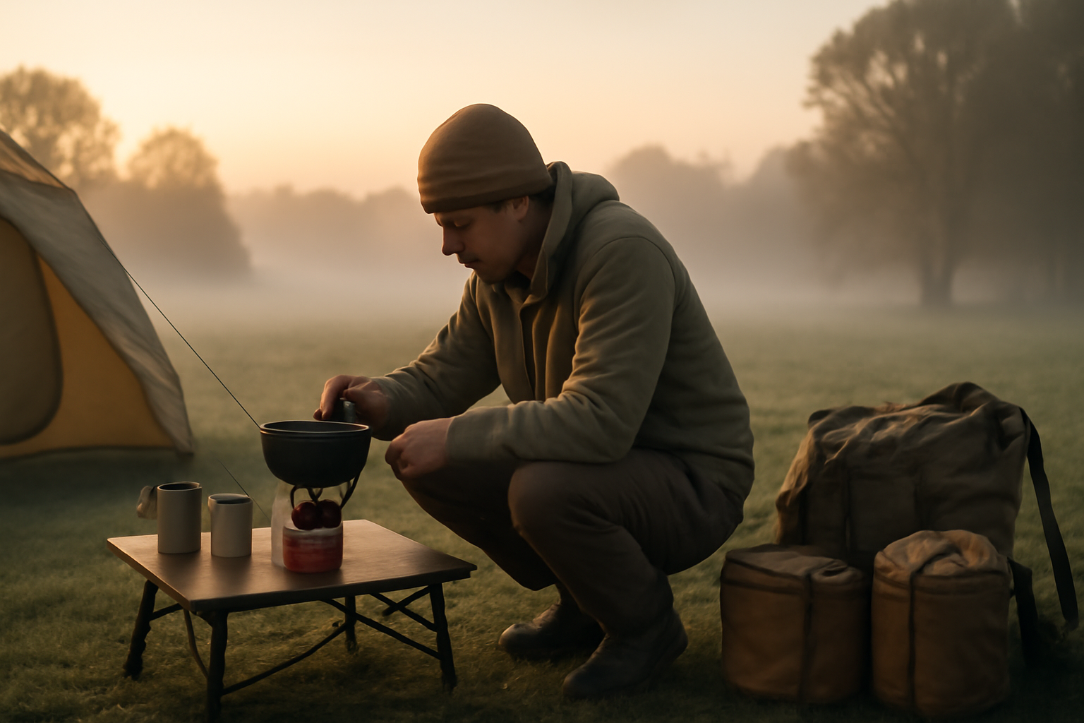 携帯ブタンストーブで朝の点検をするキャンパーの場面。朝霧のキャンプ場で準備を整える様子を広角で。