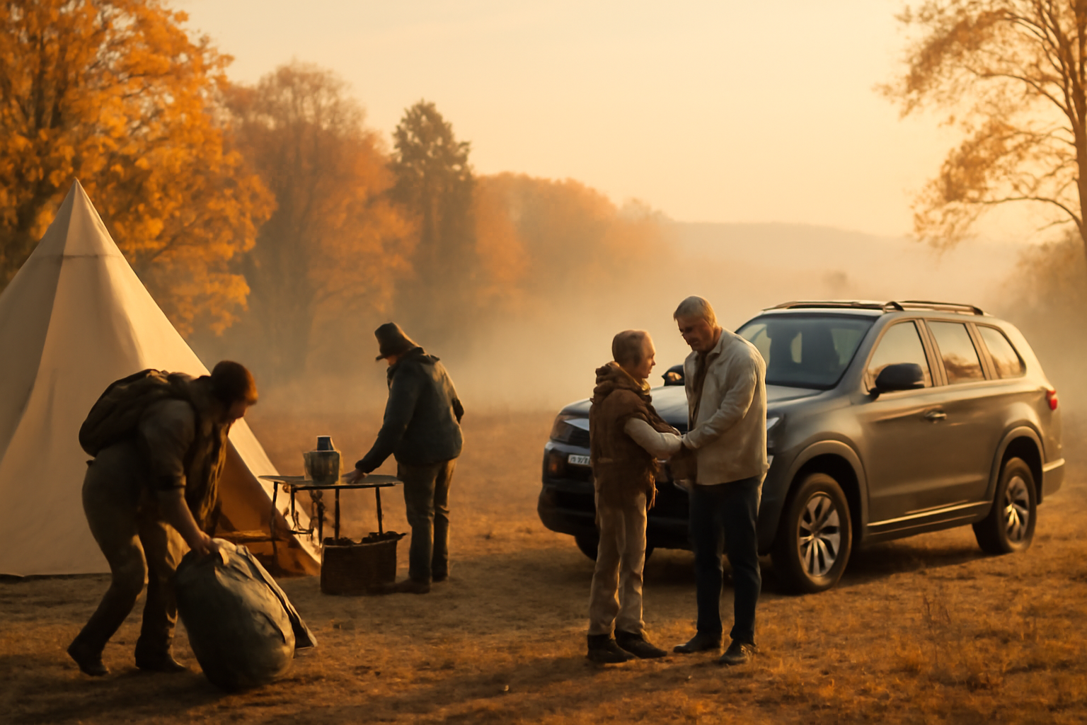 ストラーダが案内する朝のキャンプ風景。出発前にナビを確認する家族と車が並ぶ落ち着いた朝の光景