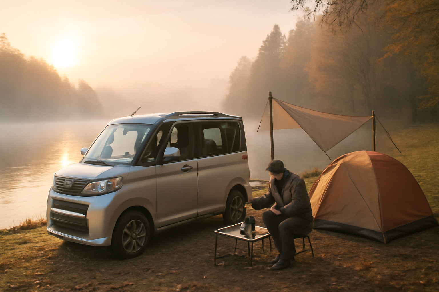 デリカミニ車中泊術：朝霧がうっすら漂う湖畔でデリカミニと朝のコーヒー準備をする情景を描いた写真