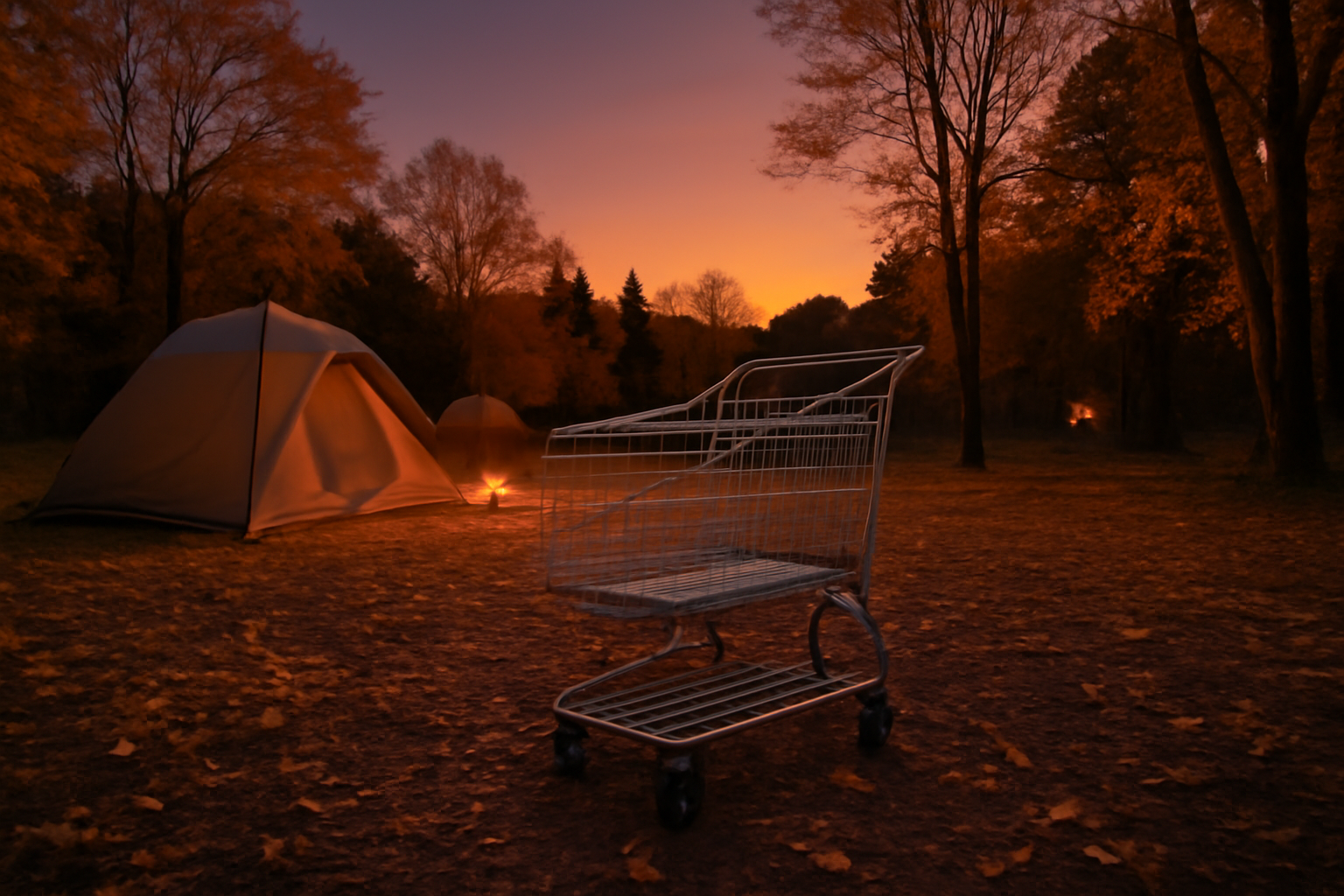 ワイドコットの購入を迷う気持ちを表す、秋のキャンプ場に置かれた空の買い物カートを広角で捉えた夕暮れの写真
