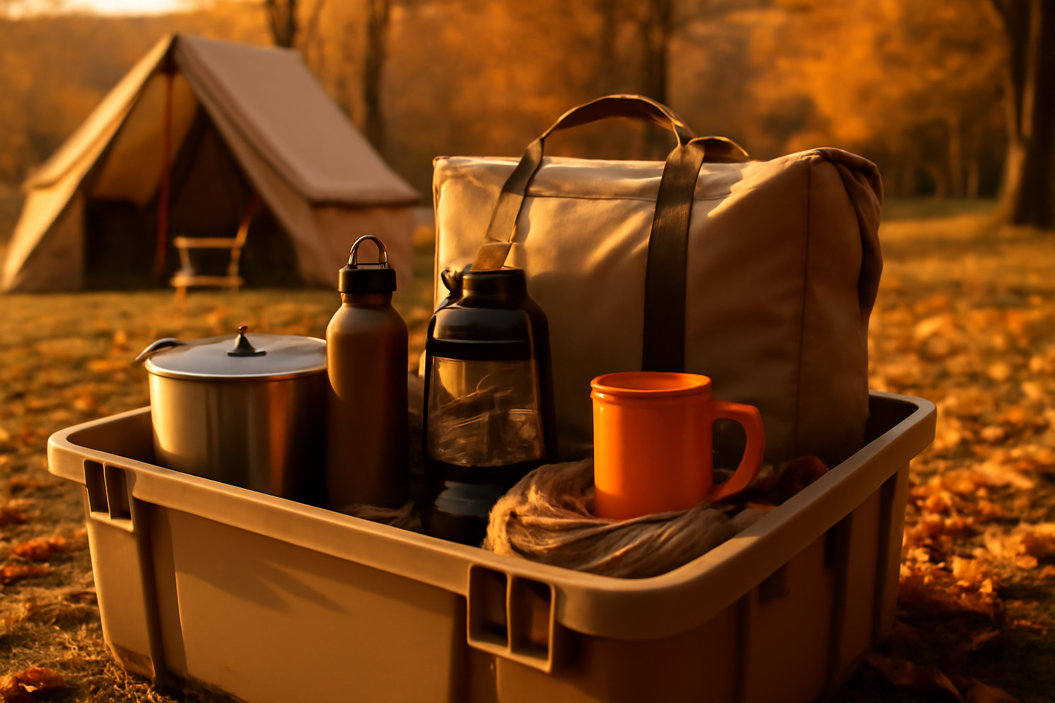 ギア収納ボックス:秋のキャンプ場で夕暮れ前に撮影された収納ボックスが整理されて置かれている風景、温かい色調で統一