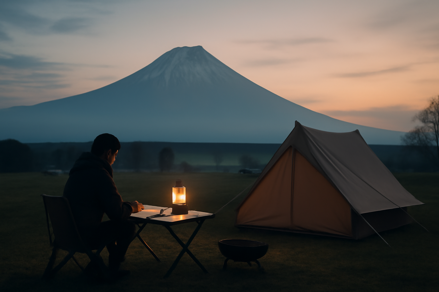 朝霧高原ふもとっぱらで夕暮れにキャンプ計画を考える落ち着いた風景の広角写真
