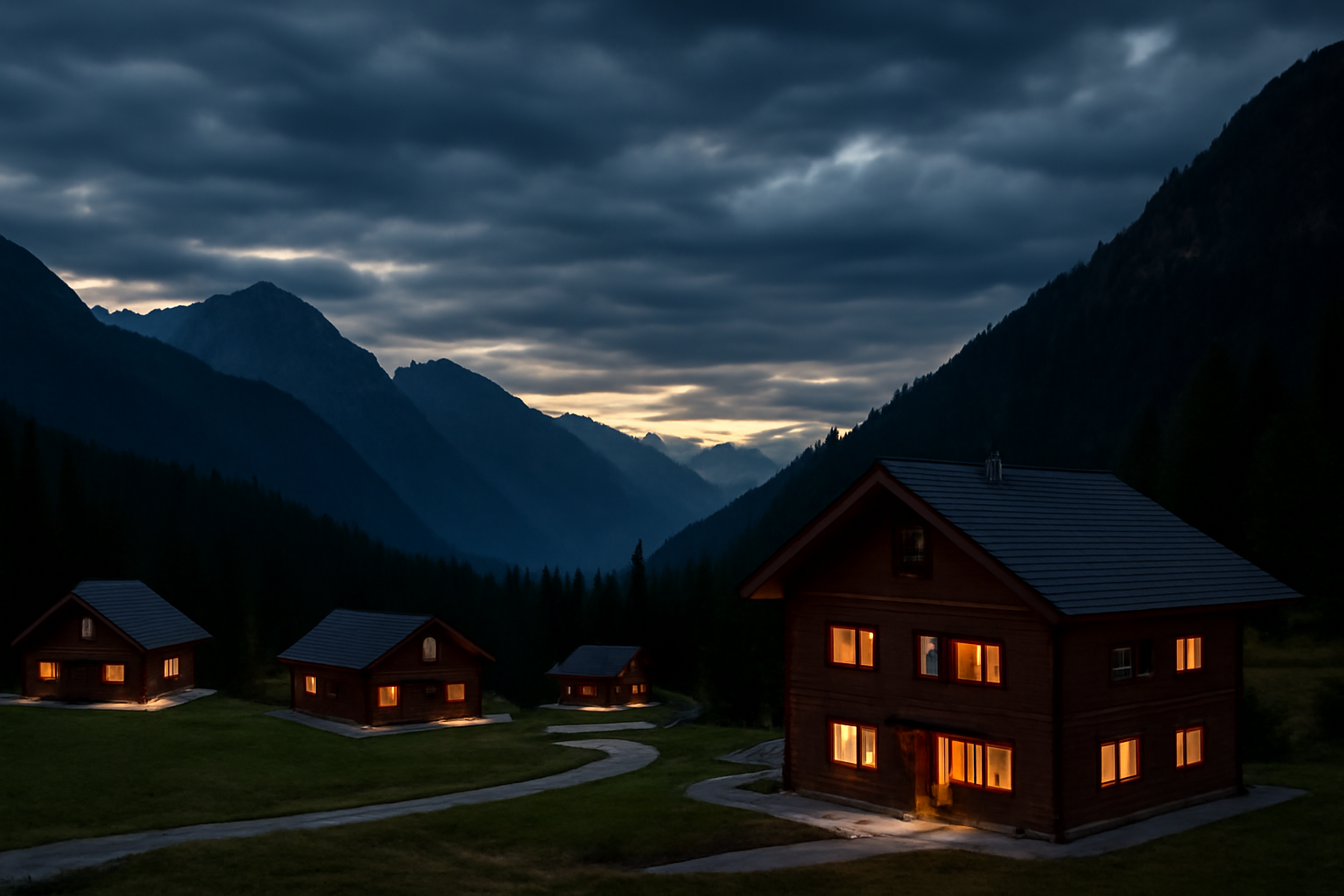 クローチェでの週末、天候不良でもコテージや代替案を検討して安全に次の計画を立てる様子を表現した黄昏時の風景写真