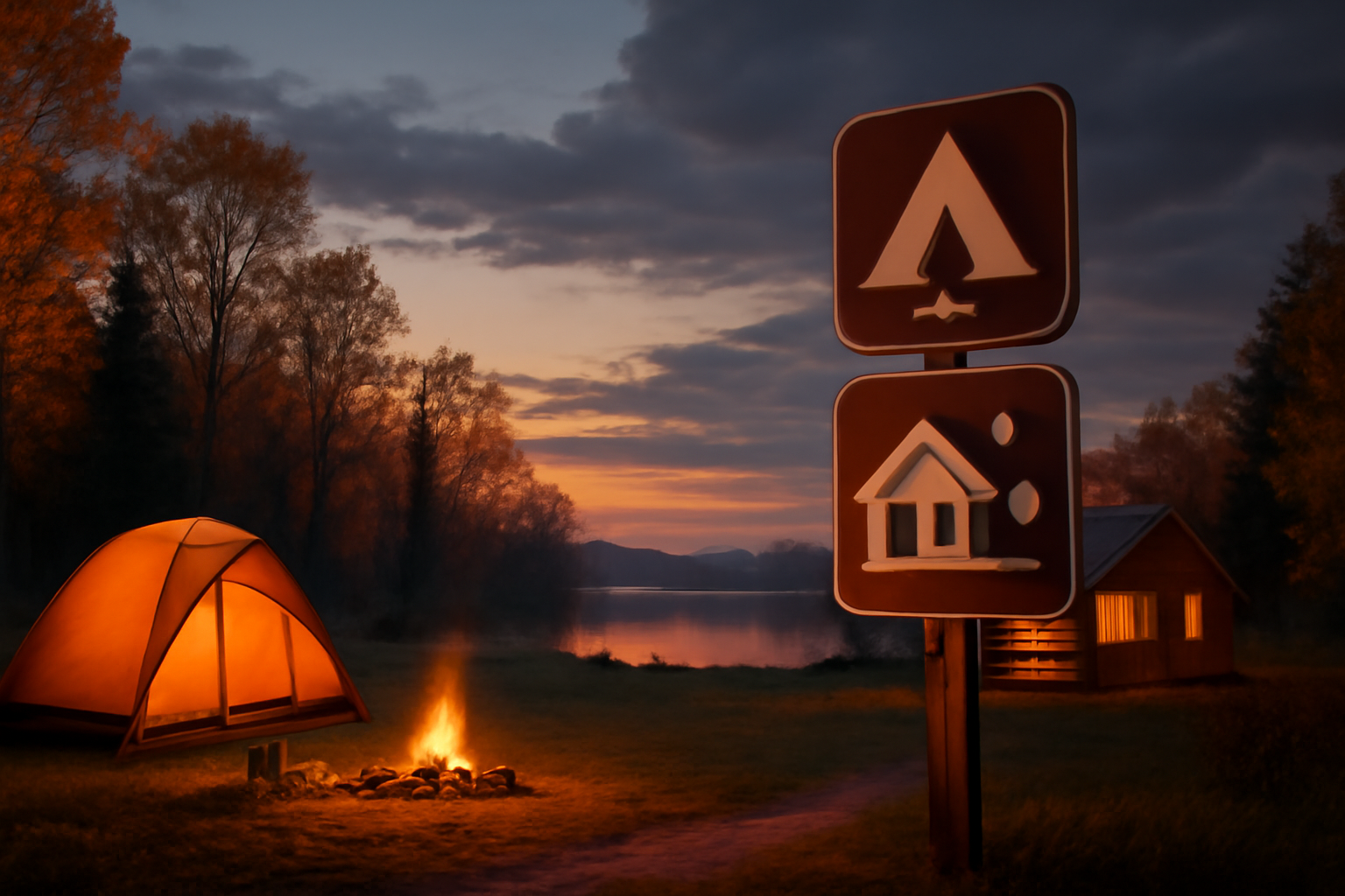 ラシュモア風 荒天時はコテージや温泉に切替える提案を示す秋のキャンプ場の夕景、穏やかな光と広い視野で