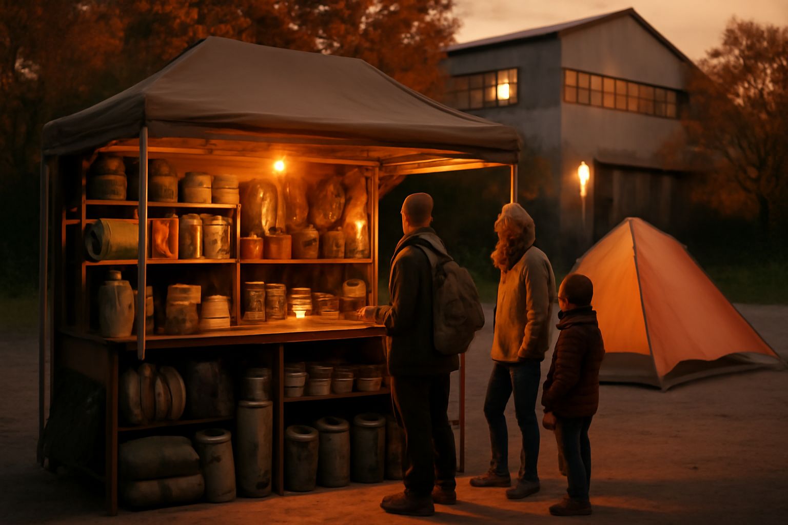 ノヲモウ大阪販売会での次の行動を促すイメージ、秋の夕暮れの工場前で家族が商品を選ぶ光景を写した写真