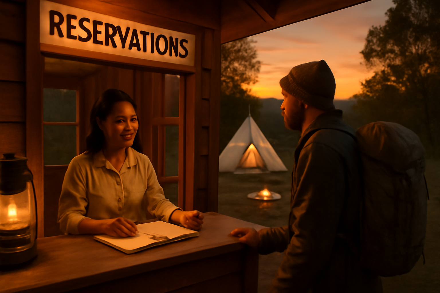 日本酒キャンプの次の行動を促すイメージ。キャンプ場の受付で予約を確定する夕暮れの情景、落ち着いた暖色の光