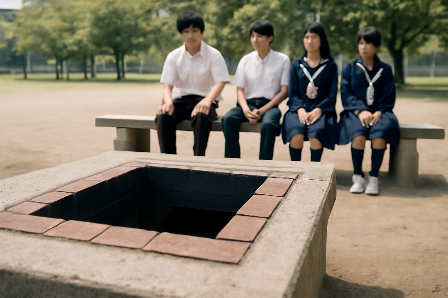 かまどベンチの火口アップと並ぶ生徒たちの風景